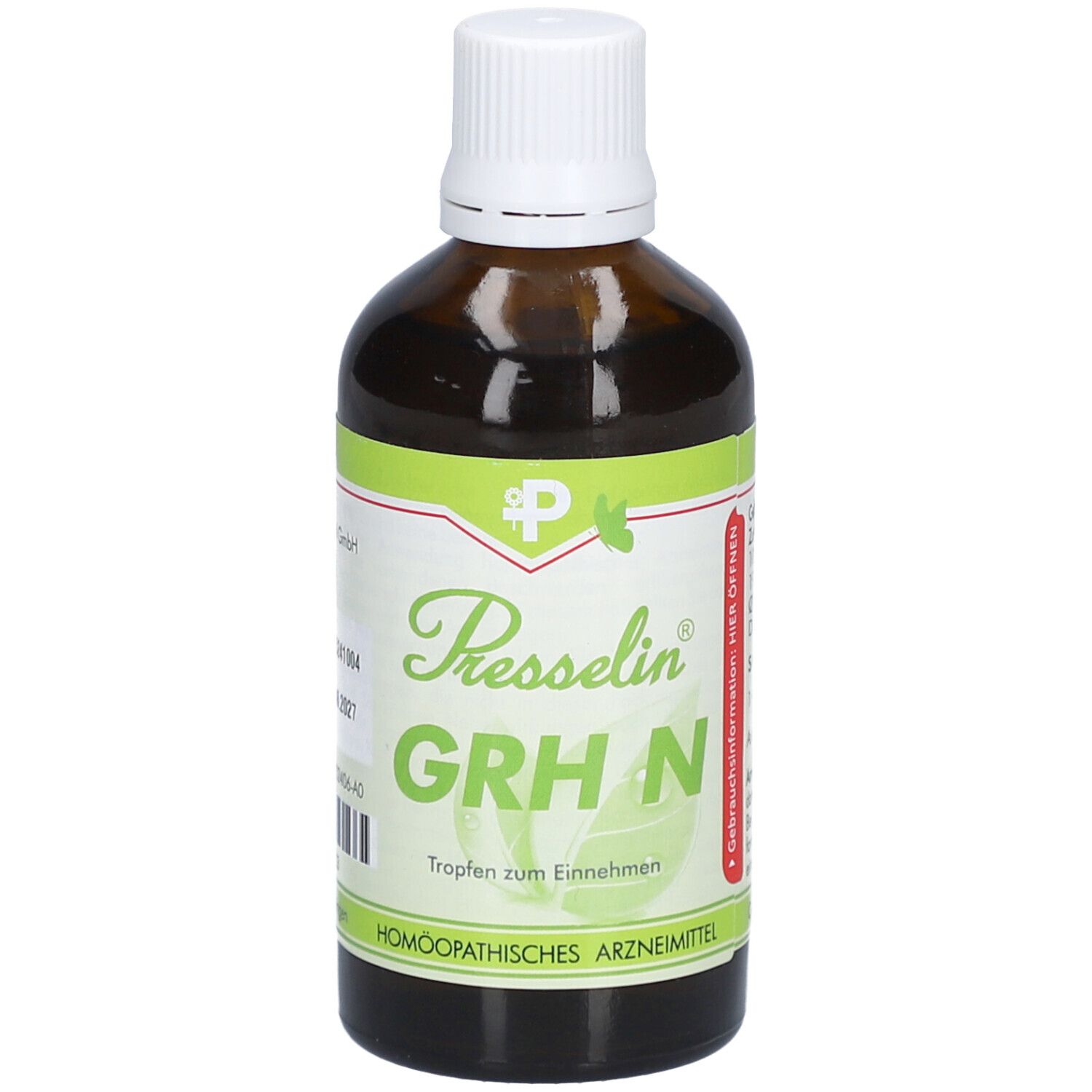 Braune Glasflasche mit weißem Deckel. Etikett mit "Presselin GRH N Tropfen". Homöopathisches Arzneimittel.