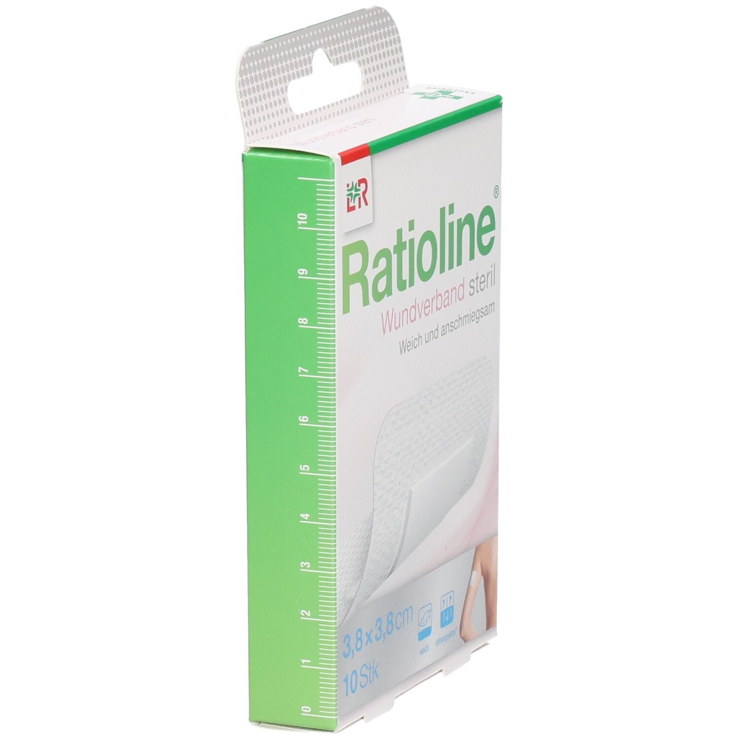 Ratioline Wundverband steril Verpackung, Seitenansicht. Zeigt Produktinformationen und eine Maßskala. Größe: 3,8x3,8 cm, 10 Stück.