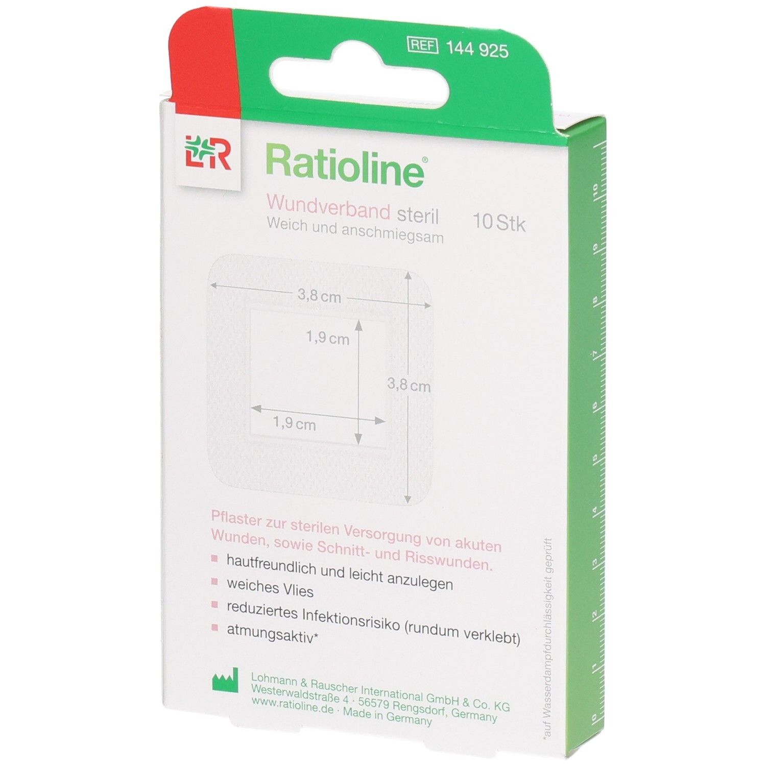 Rückseite der Ratioline Wundverband steril Verpackung. Zeigt Produktinformationen, Größenangaben und eine Abbildung. 10 Stück.
