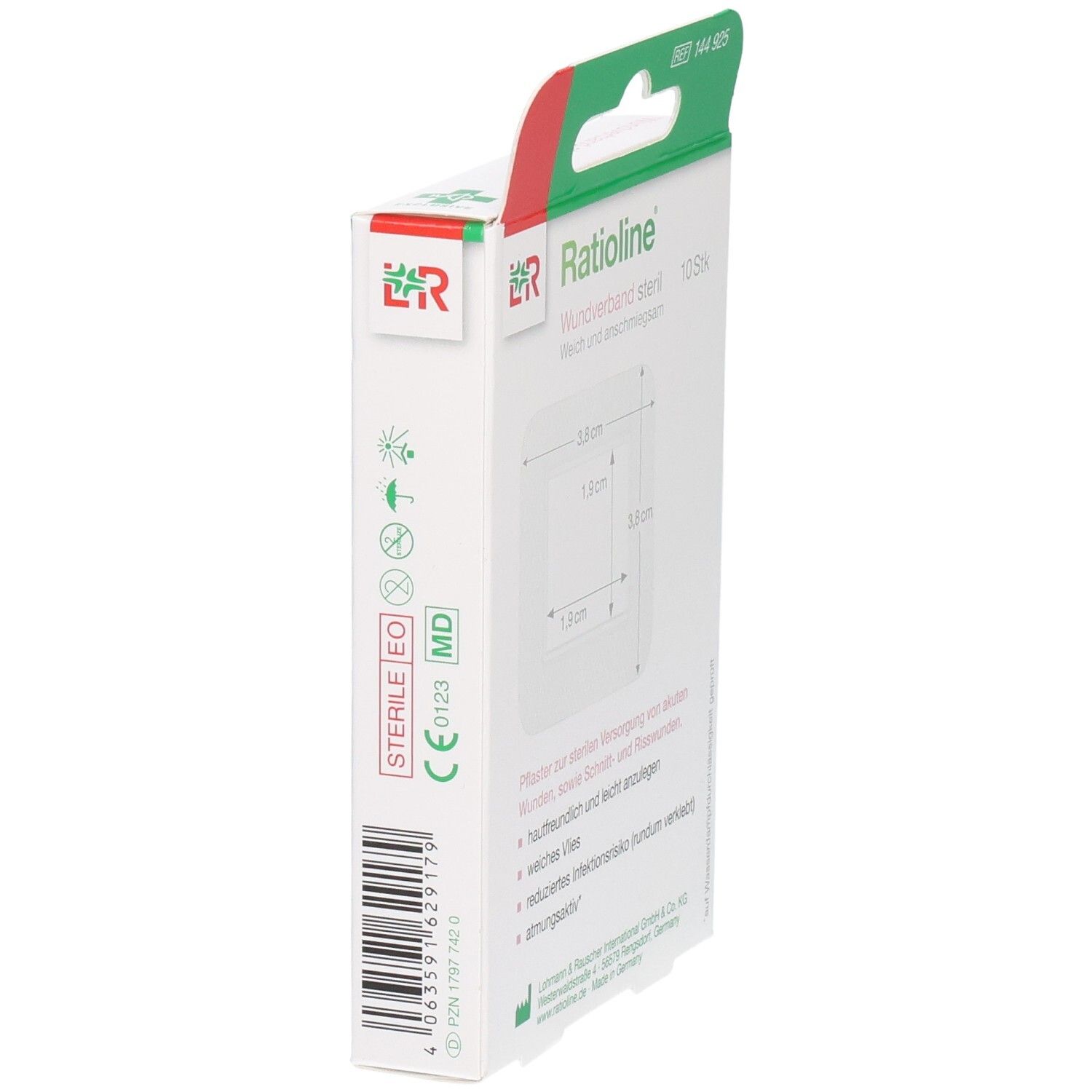 Seitenansicht der Ratioline Wundverband steril Verpackung. Zeigt Produktinformationen und Zertifizierungen. Größe: 3,8x3,8 cm, 10 Stück.
