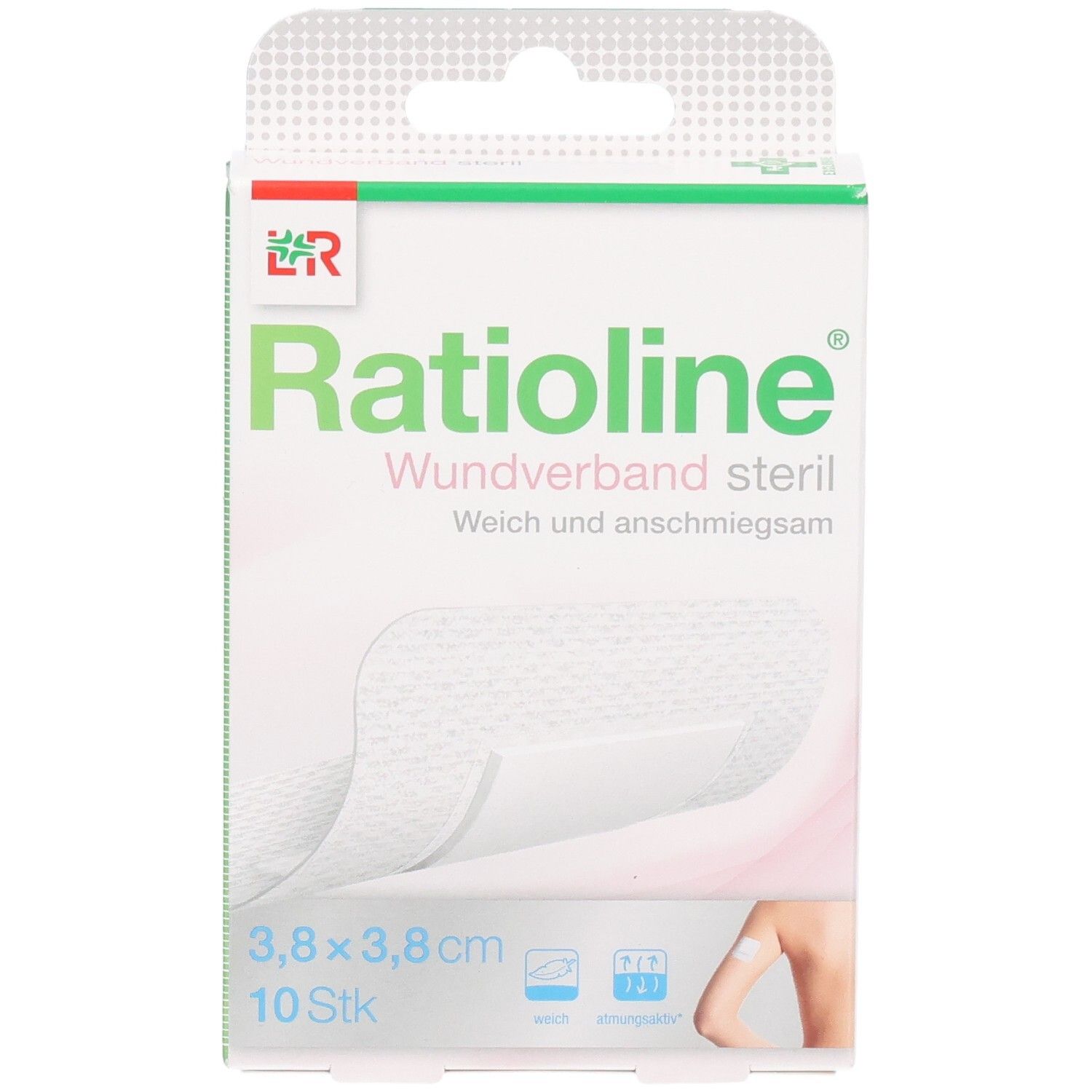 Ratioline Wundverband steril Verpackung. Zeigt einen Verband und Produktinformationen. Größe: 3,8x3,8 cm, 10 Stück.