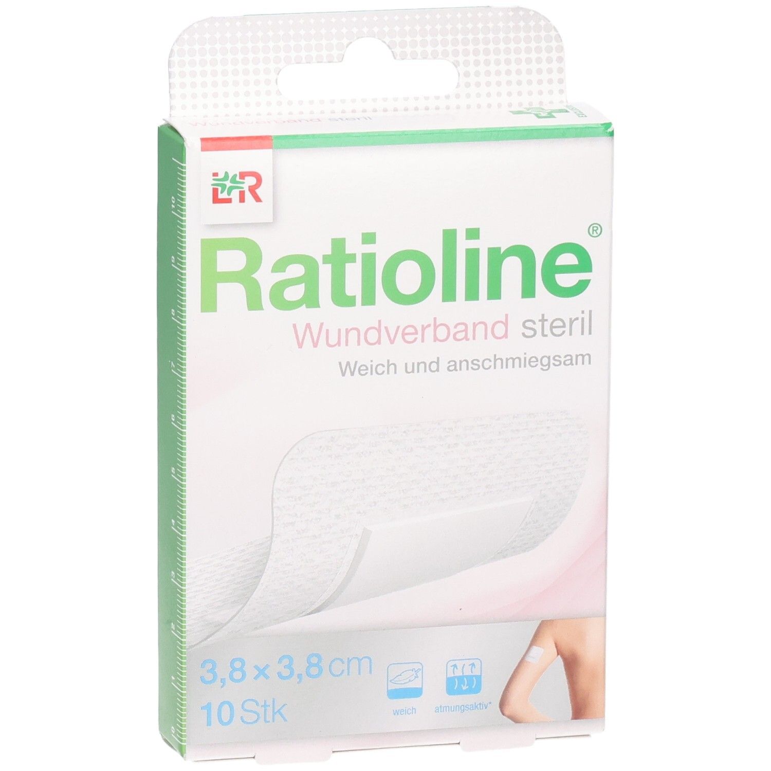 Ratioline Wundverband steril Verpackung. Zeigt einen Verband und Produktinformationen. Größe: 3,8x3,8 cm, 10 Stück.