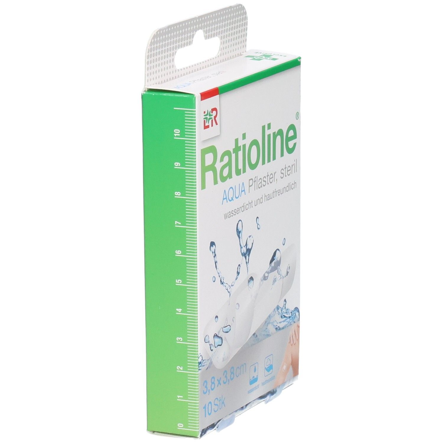 Ratioline Aqua Pflaster Verpackung, Seitenansicht. Weiße Schachtel mit grünen Akzenten und Größenangabe 3,8x3,8 cm.