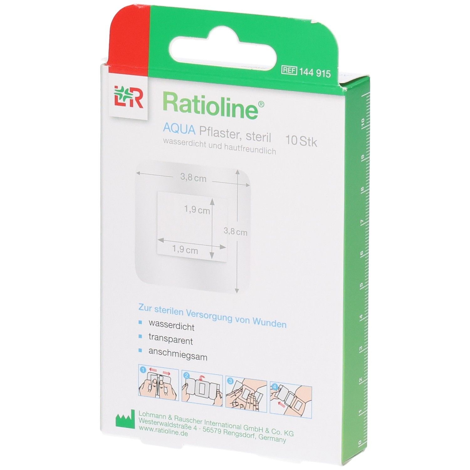 Rückseite der Ratioline Aqua Pflaster Verpackung. Größenangaben, transparente Eigenschaften, und Anwendungshinweise.
