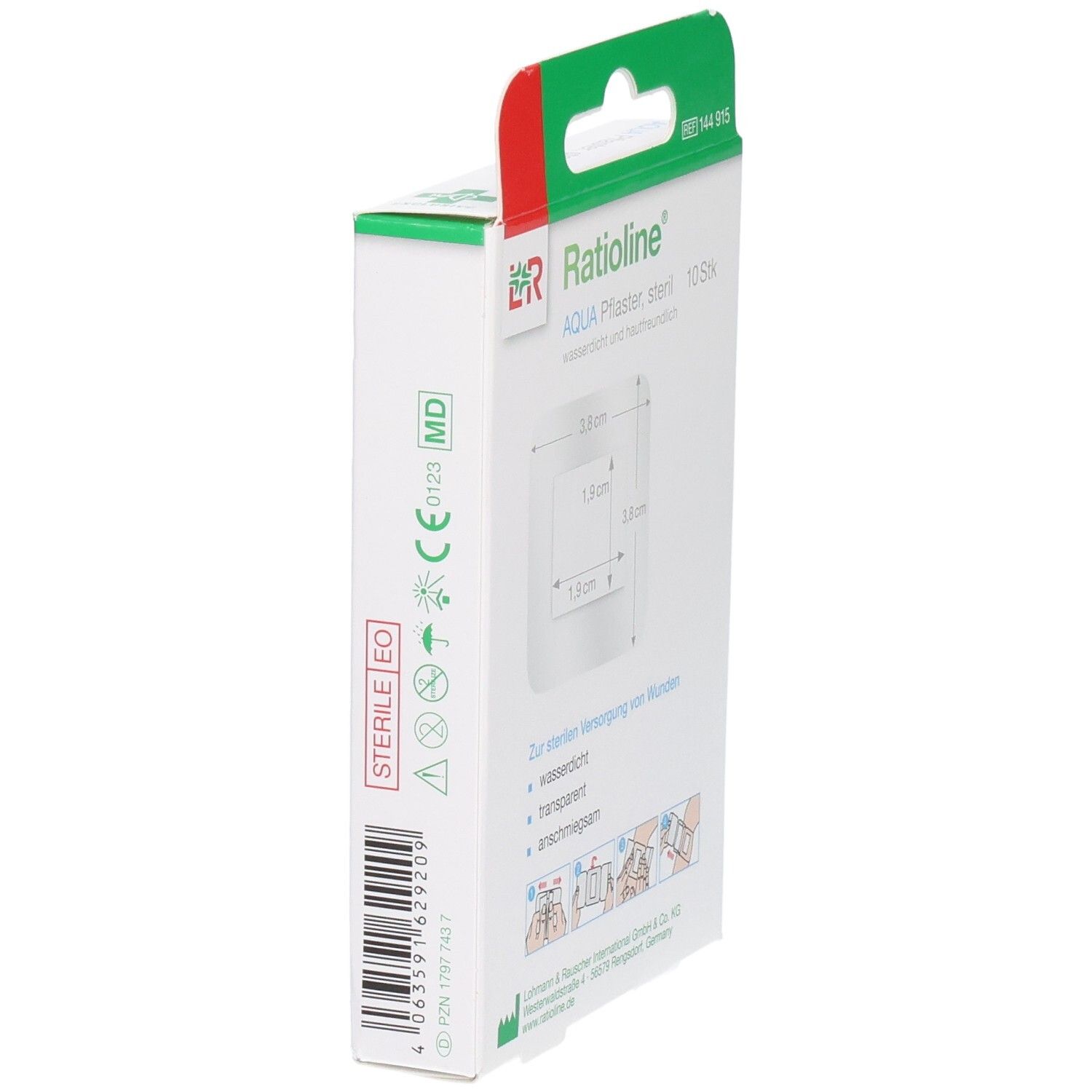 Ratioline Aqua Pflaster Verpackung, Seitenansicht. Größenangaben, transparente Eigenschaften, und Anwendungshinweise.