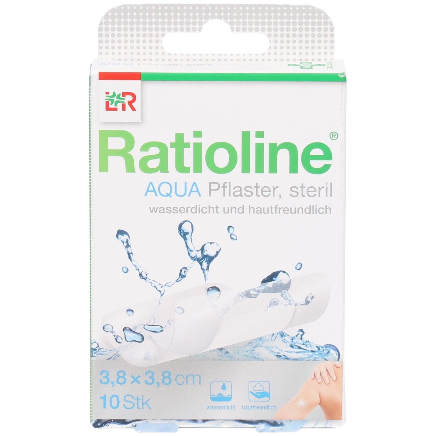 Ratioline Aqua Pflaster Verpackung. Weiße Schachtel mit Produktabbildung und Größenangabe 3,8x3,8 cm. 10 Stück.