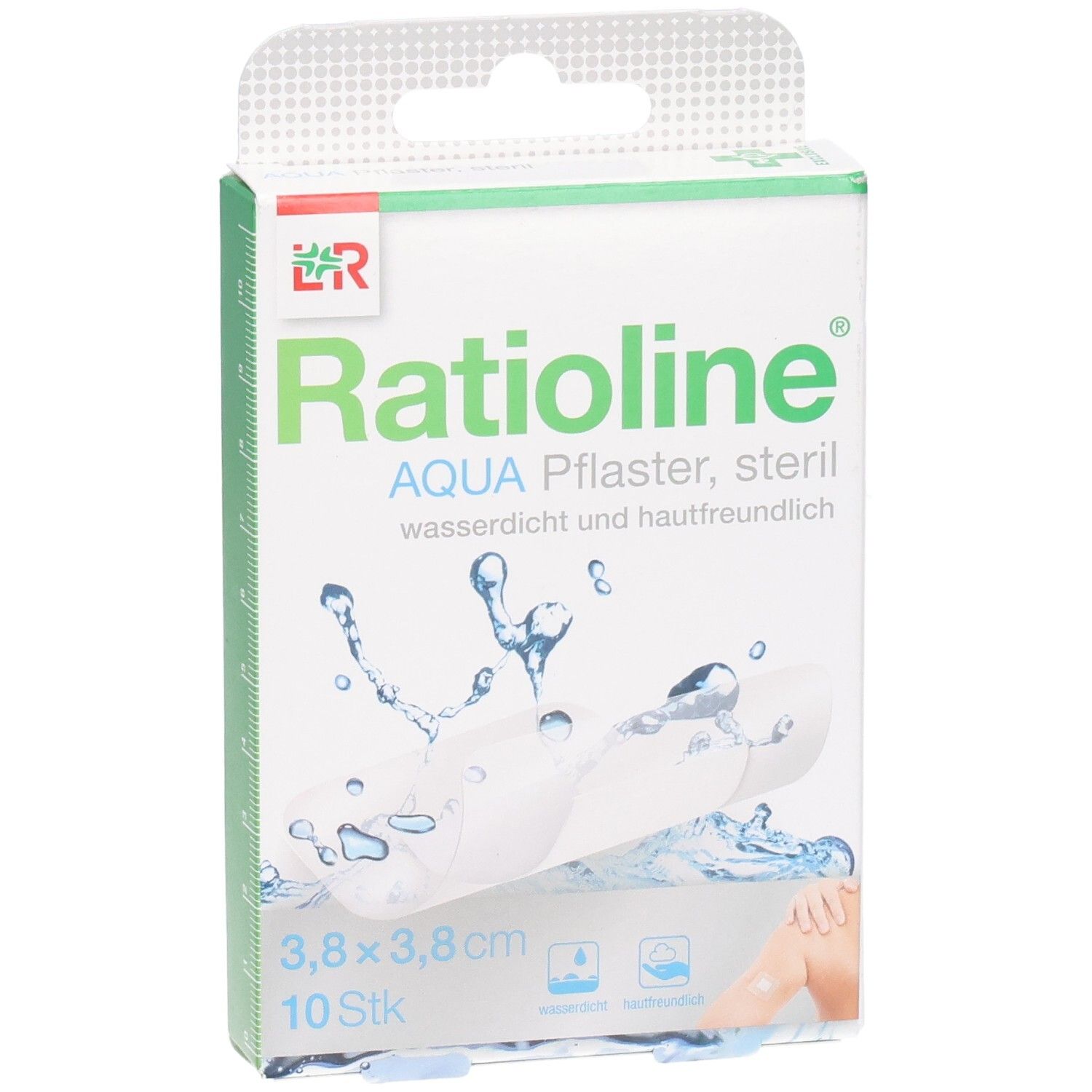 Ratioline Aqua Pflaster Verpackung. Weiße Schachtel mit Produktabbildung und Größenangabe 3,8x3,8 cm. 10 Stück.