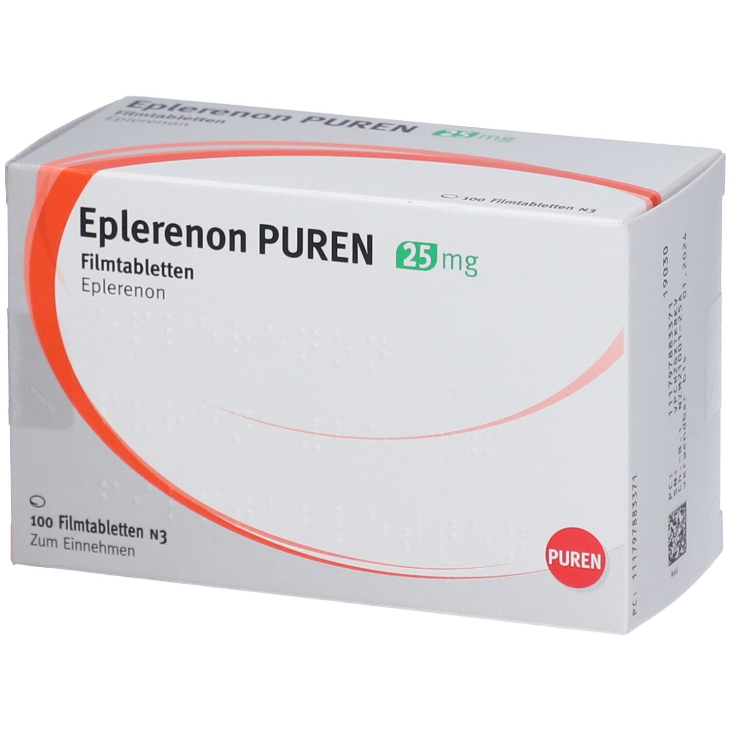 Schachtel mit EPLERENON PUREN 25 mg Filmtabletten. Aufschrift: 100 Filmtabletten N3. PUREN Logo.