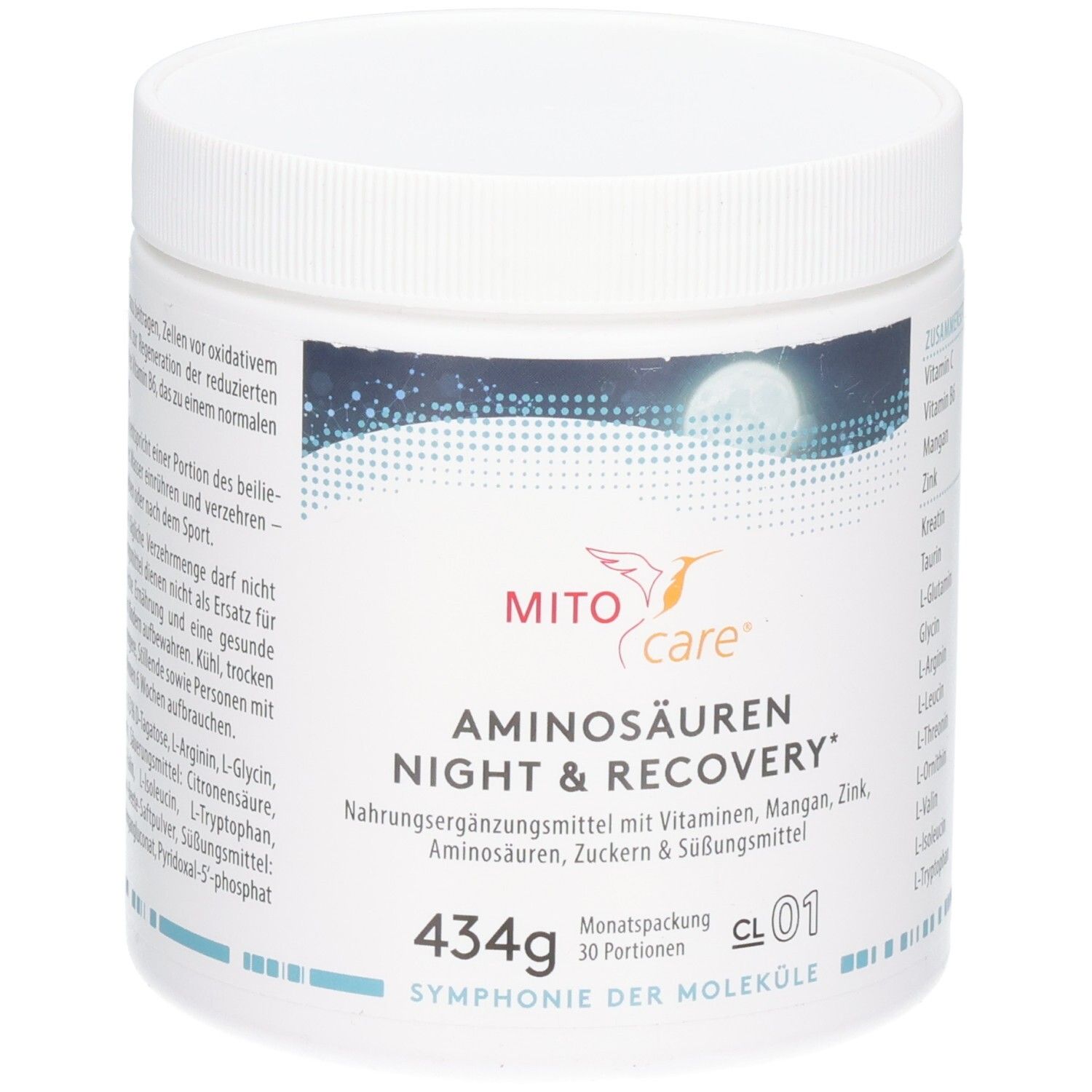 MitoCare Aminosäuren Night & Recovery Nahrungsergänzungsmittel, 434g Dose.