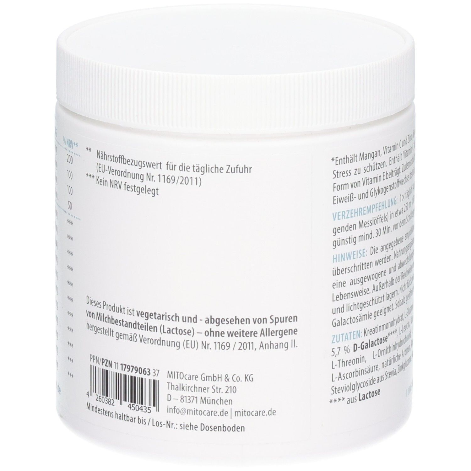 Weißer Behälter mit Informationen zu Nährstoffen, Zutaten und Verzehrempfehlung. Enthält Mangan, Vitamin C, B6, B12, Folsäure.