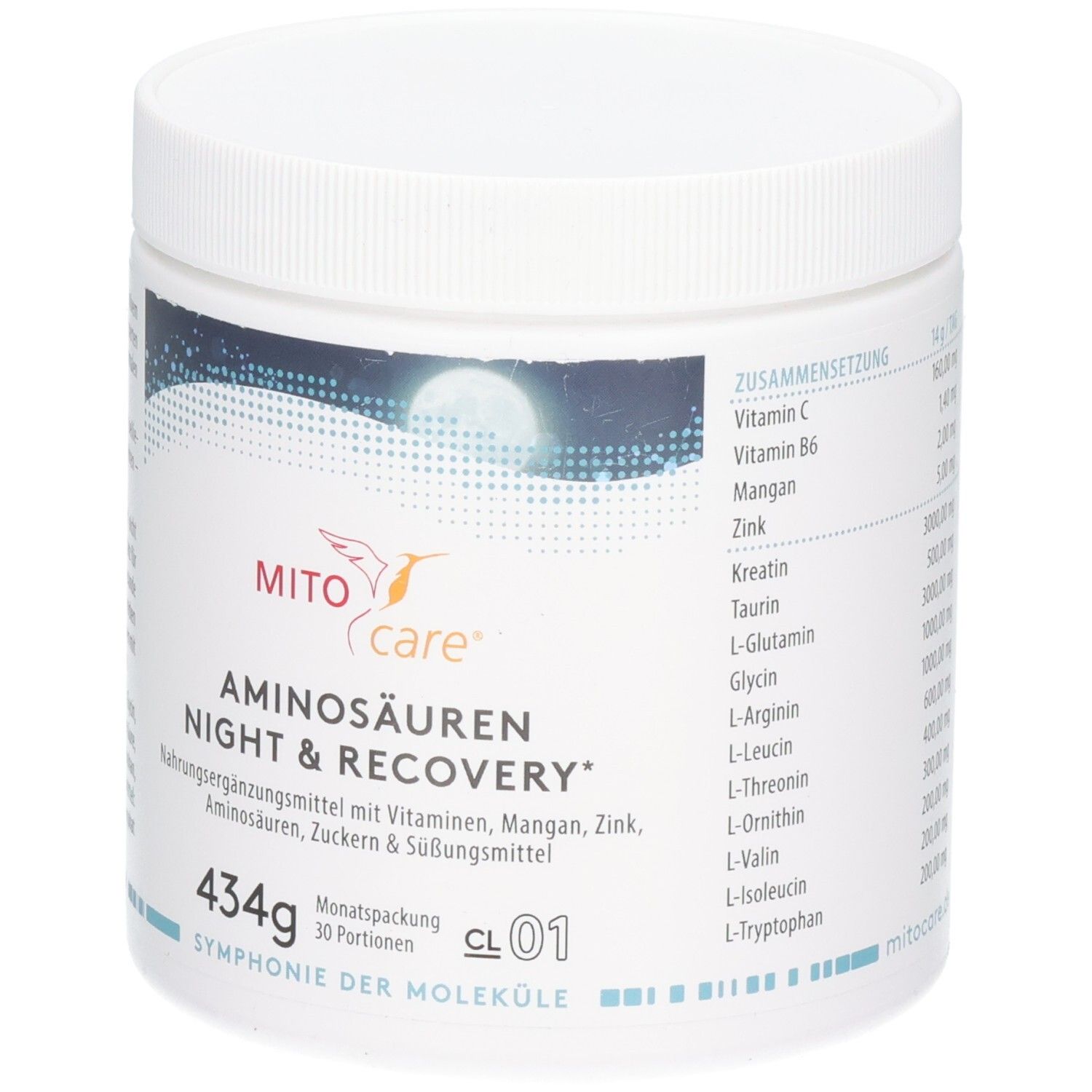 Weißer Behälter mit Aminosäuren Nacht & Erholung Pulver, 434g. Enthält Vitamine, Mineralien und Aminosäuren.
