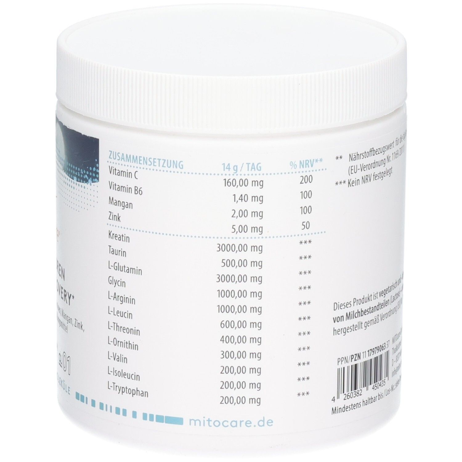 Rückseite einer Dose MitoCare Aminosäuren Night & Recovery mit Nährwertangaben.