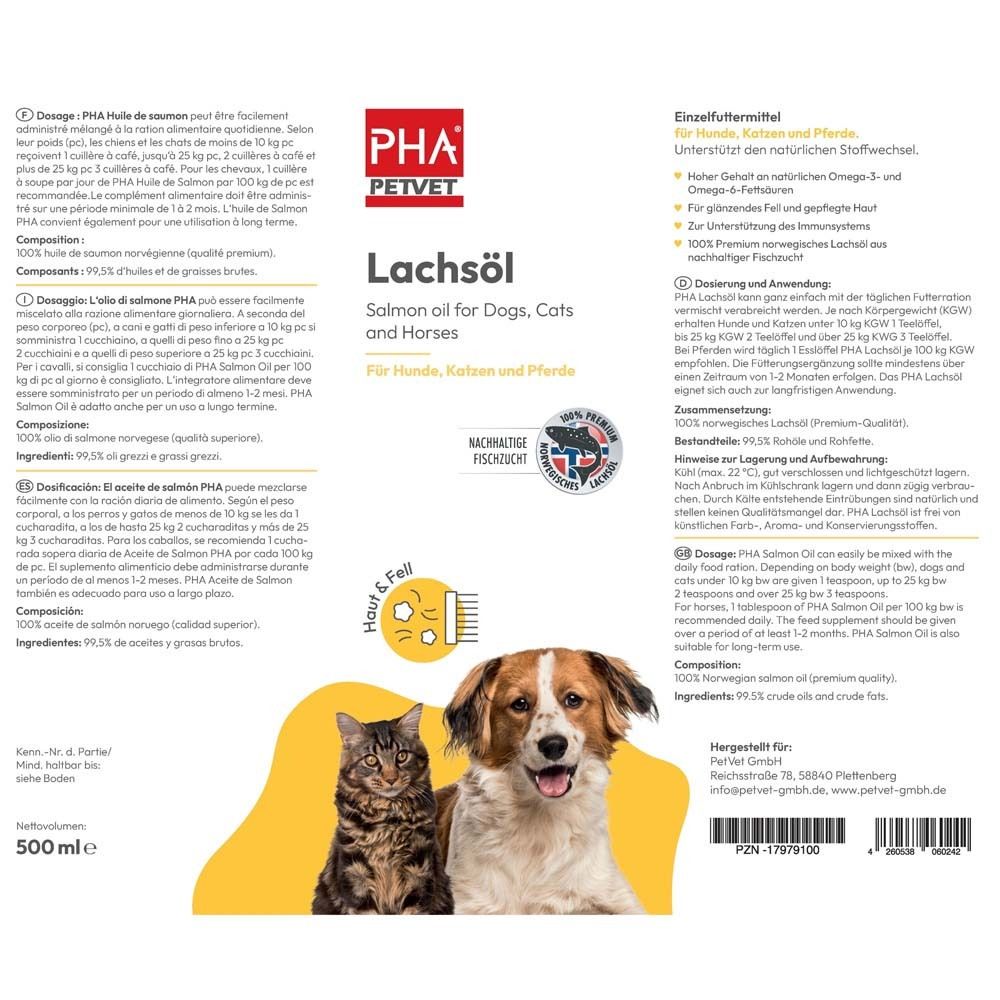 Vorderseite der Flasche. Aufschrift: PHA Petvet Lachsöl. Abbildung von Katze und Hund. Text: Salmon oil for Dogs, Cats and horses. 500ml Volumen.