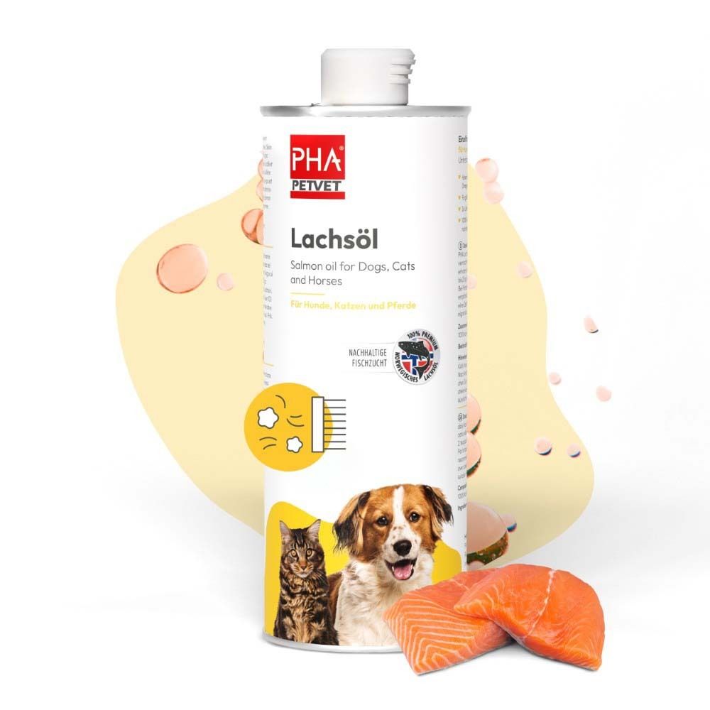 Dose mit Lachsöl. Abbildung von Katze, Hund und Lachsfilet. Gelber Hintergrund.