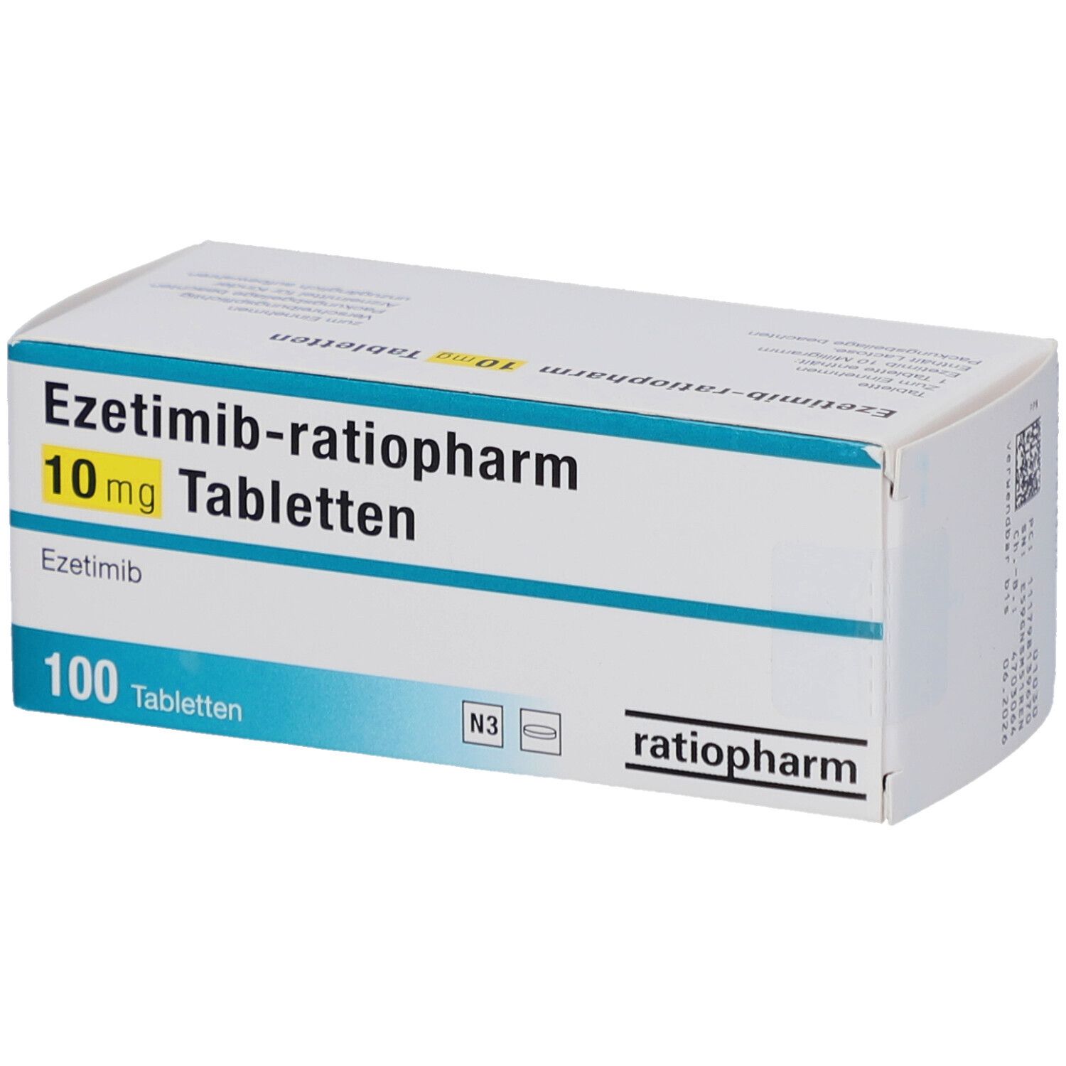 Schachtel mit EZETIMIB-ratiopharm 10 mg Tabletten. Aufschrift: 100 Tabletten. Marke ratiopharm.