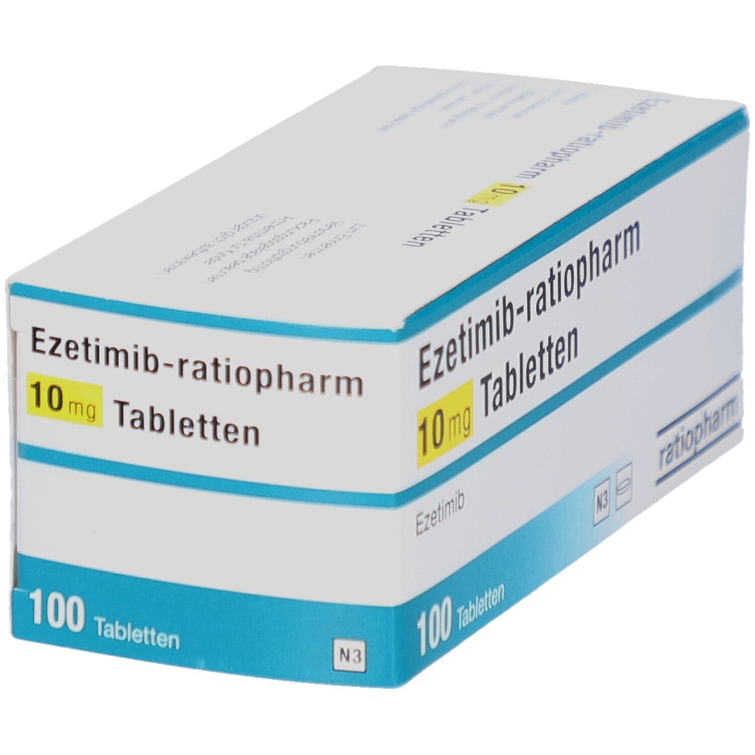 Schachtel mit EZETIMIB-ratiopharm 10 mg Tabletten. Aufschrift: 100 Tabletten. Marke ratiopharm.