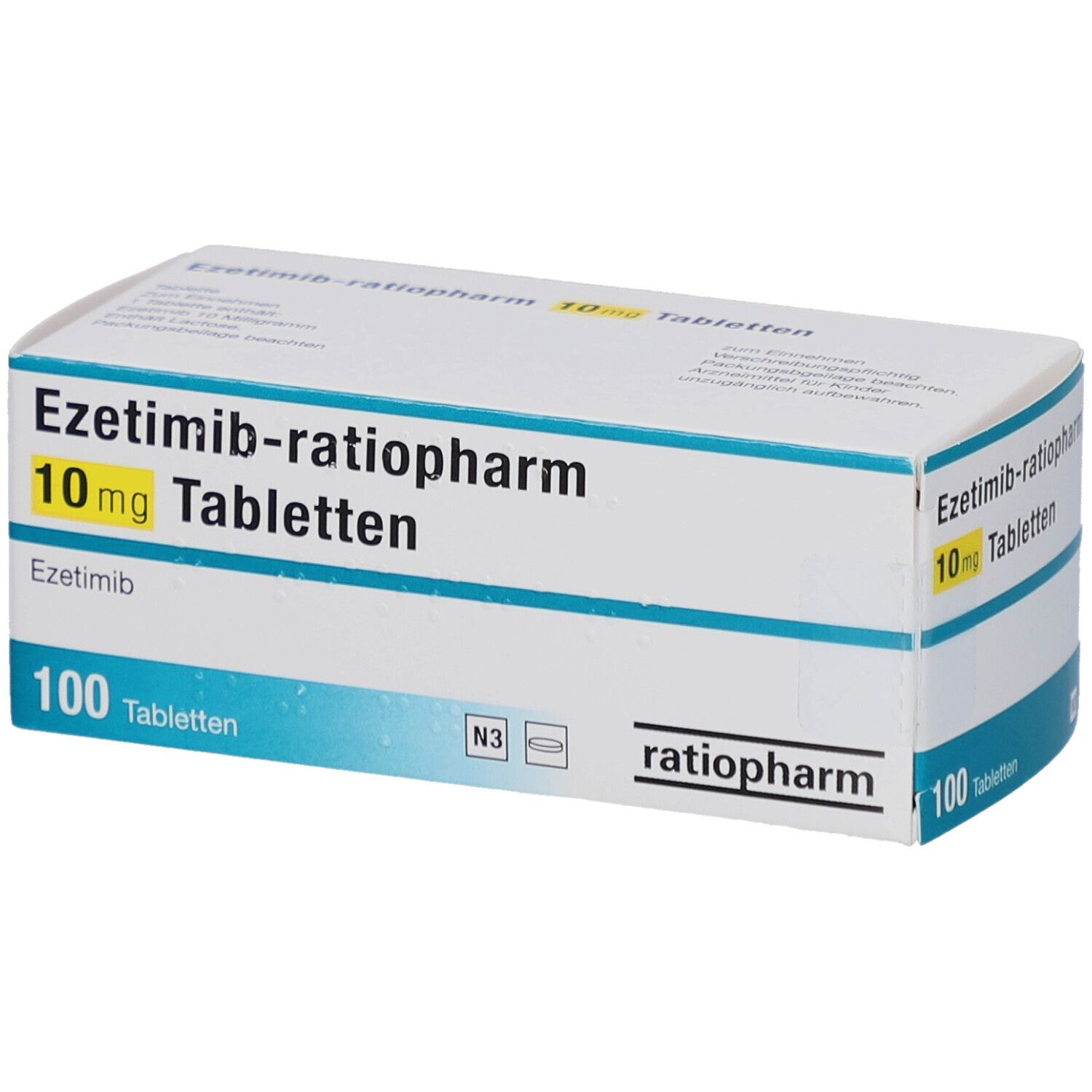 Schachtel mit EZETIMIB-ratiopharm 10 mg Tabletten. Aufschrift: 100 Tabletten. Marke ratiopharm.