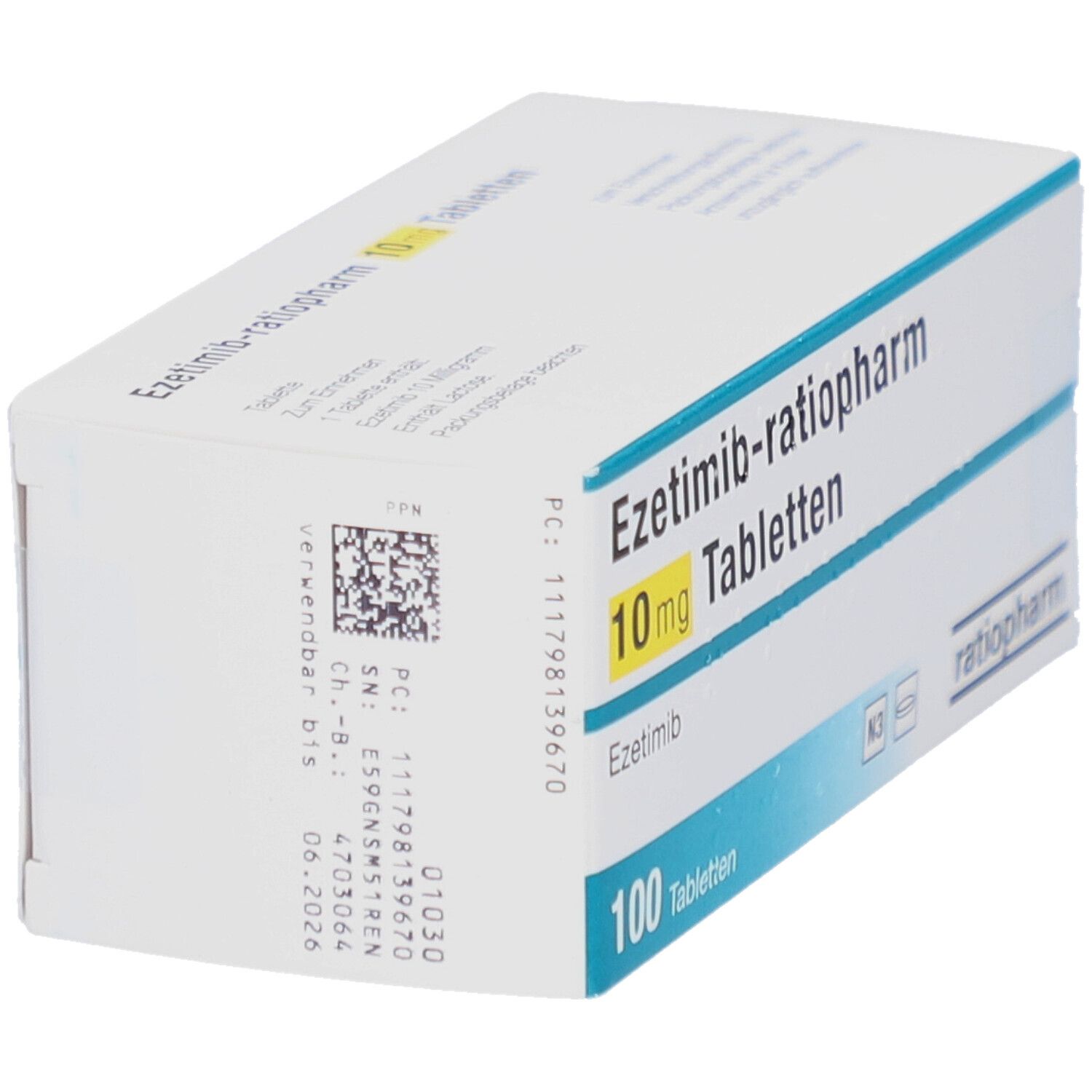 Schachtel mit EZETIMIB-ratiopharm 10 mg Tabletten. Aufschrift: 100 Tabletten. Marke ratiopharm.