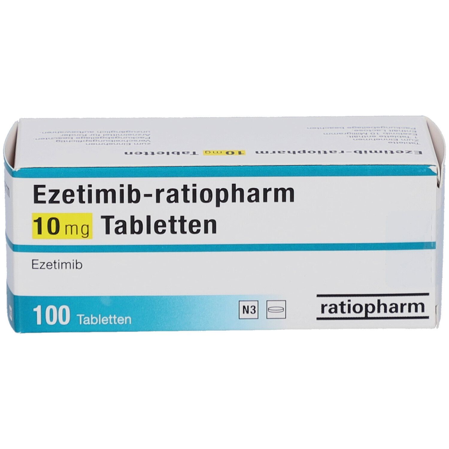 Schachtel mit EZETIMIB-ratiopharm 10 mg Tabletten. Aufschrift: 100 Tabletten. Marke ratiopharm.