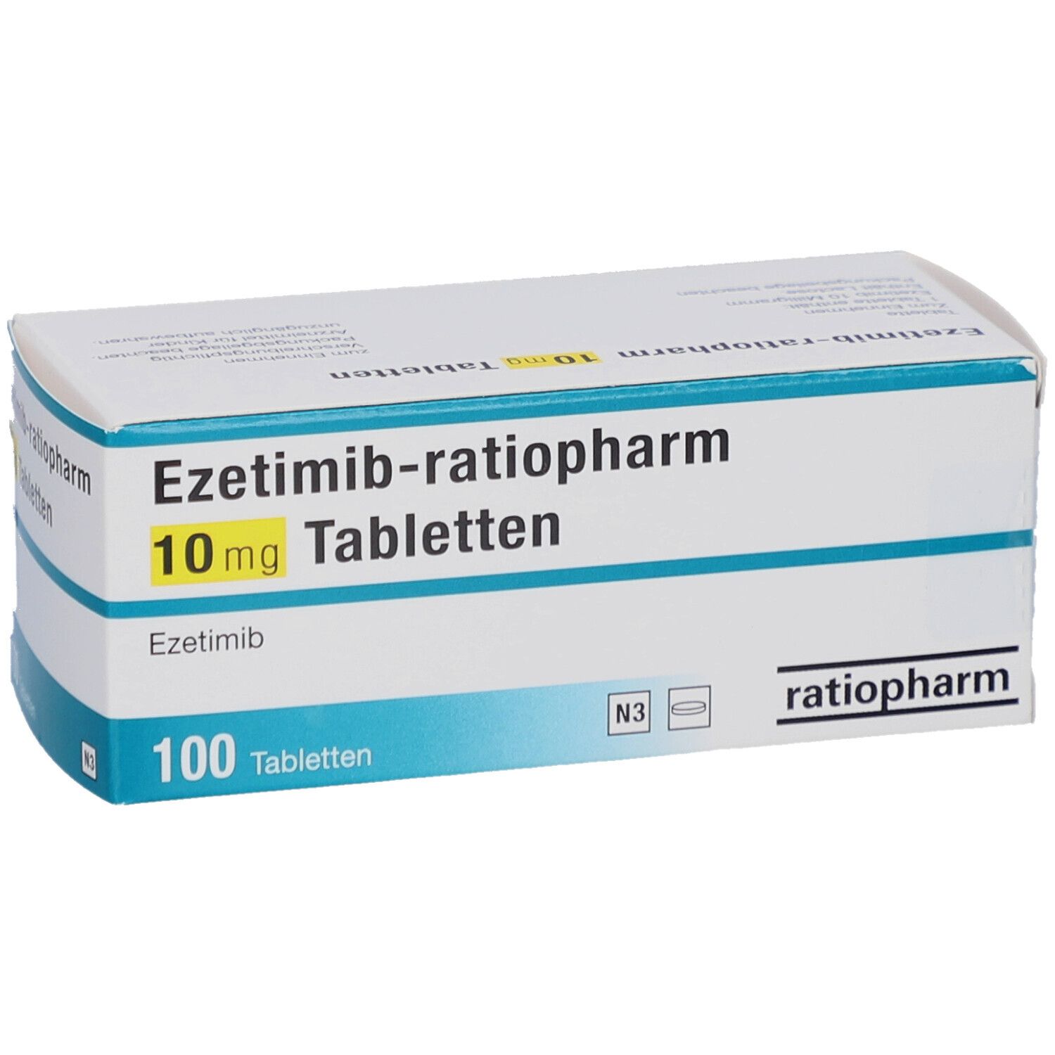 Schachtel mit EZETIMIB-ratiopharm 10 mg Tabletten. Aufschrift: 100 Tabletten. Marke ratiopharm.