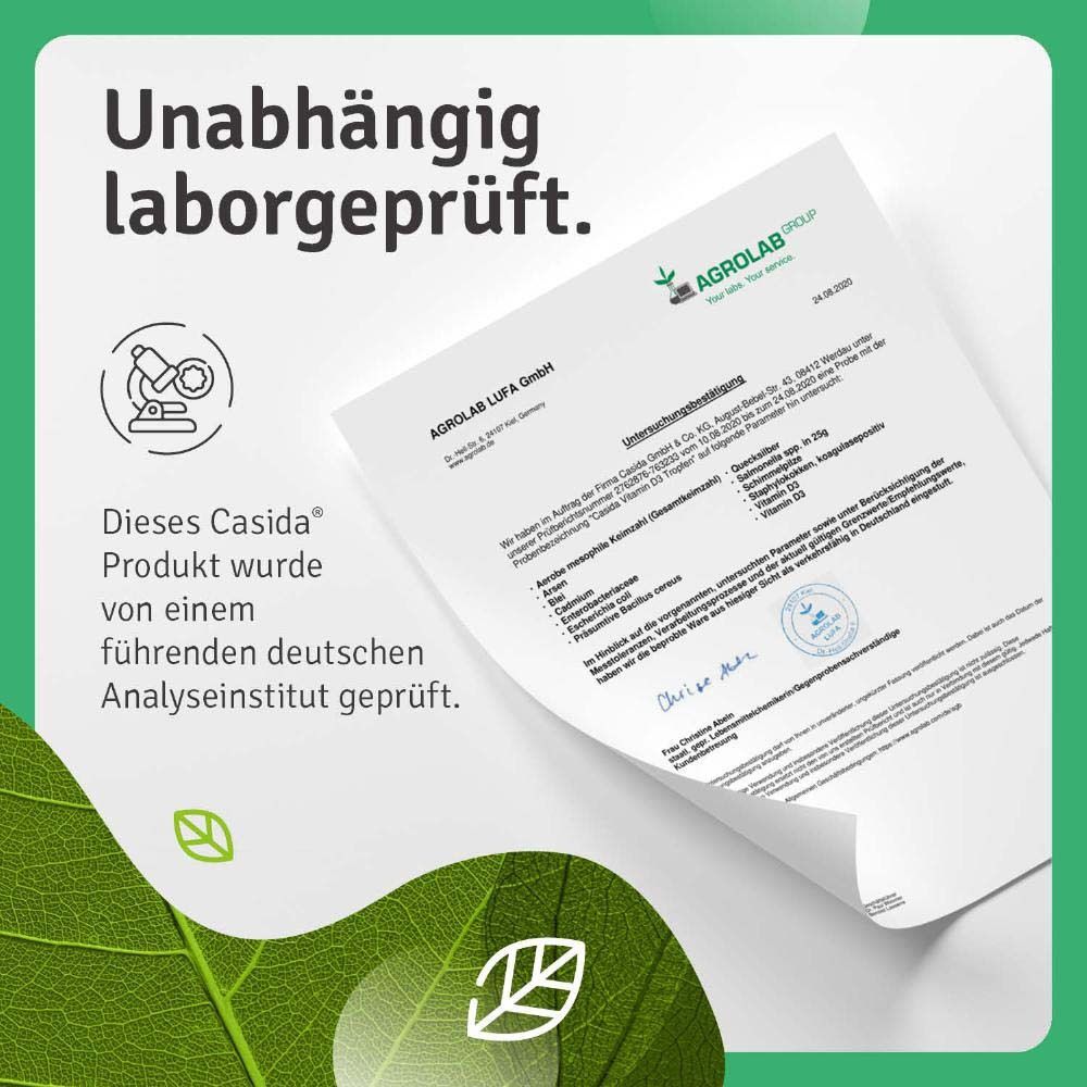 Zertifizierungsdokument. Text: Dieses Casida Produkt wurde von einem führenden deutschen Analyseinstitut geprüft.