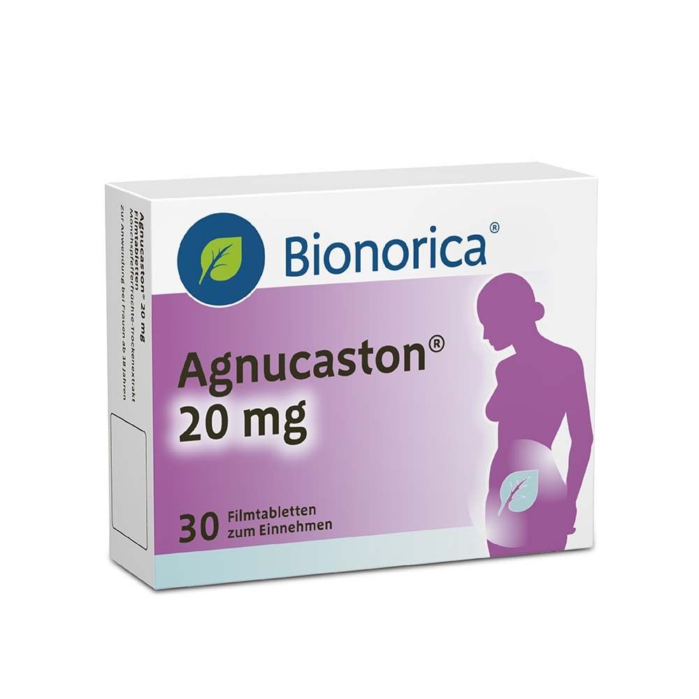Bionorica® Agnucaston® 20 mg Packung. 30 Filmtabletten. Weiße Schachtel mit Produktnamen, Logo und Abbildung einer Frau.