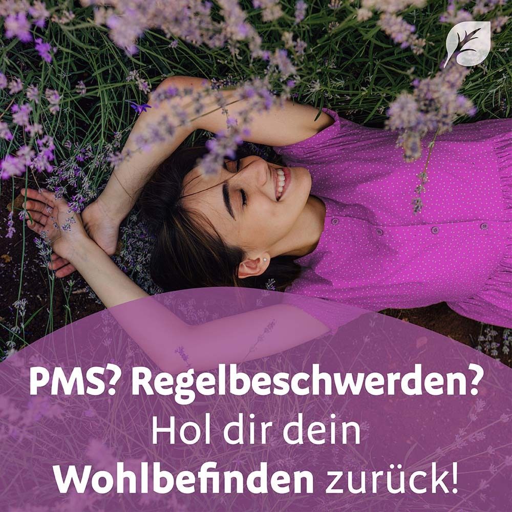 Frau liegt in Lavendelblüten. Text: PMS? Regelbeschwerden? Hol dir dein Wohlbefinden zurück!