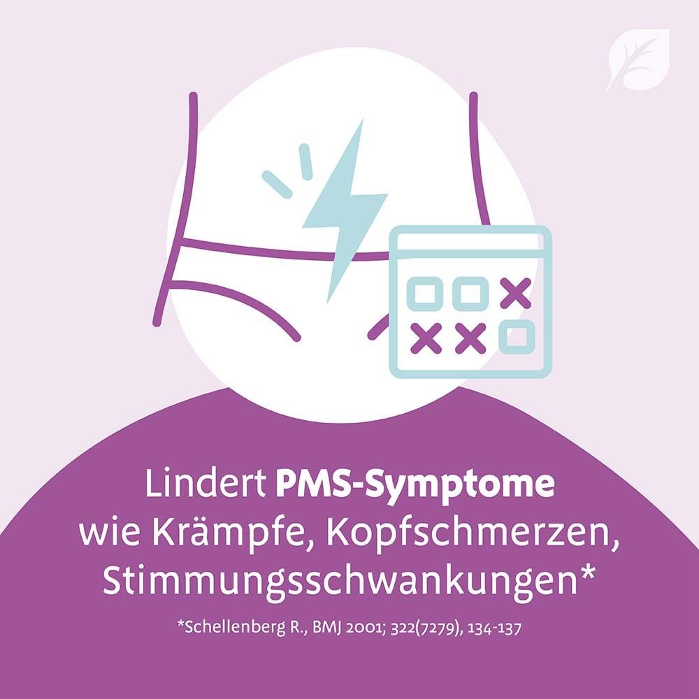 Grafik: Blitz über Bauch, Kalender. Text: Lindert PMS-Symptome wie Krämpfe, Kopfschmerzen, Stimmungsschwankungen.