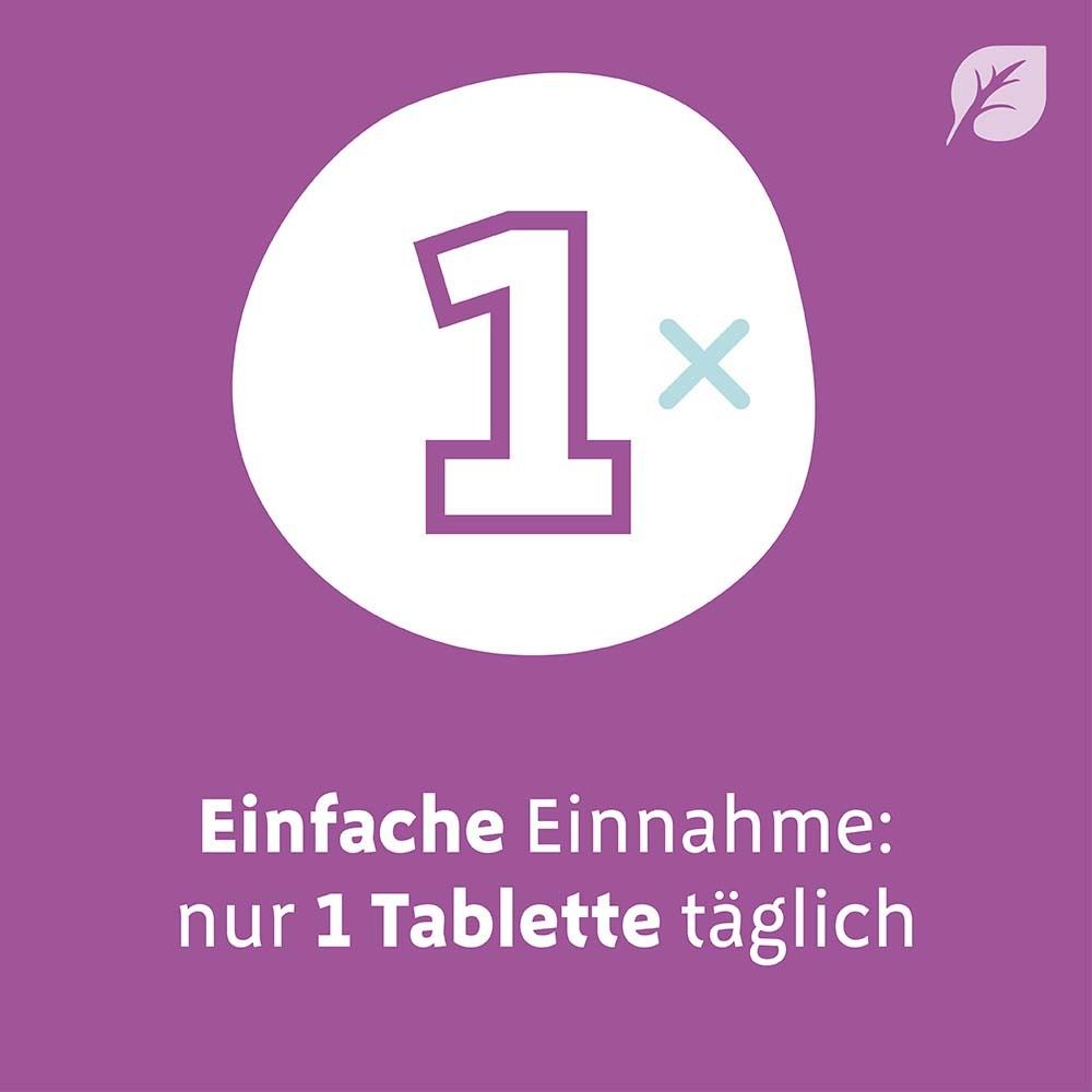 Grafik: 1 mit Kreuz. Text: Einfache Einnahme: nur 1 Tablette täglich.
