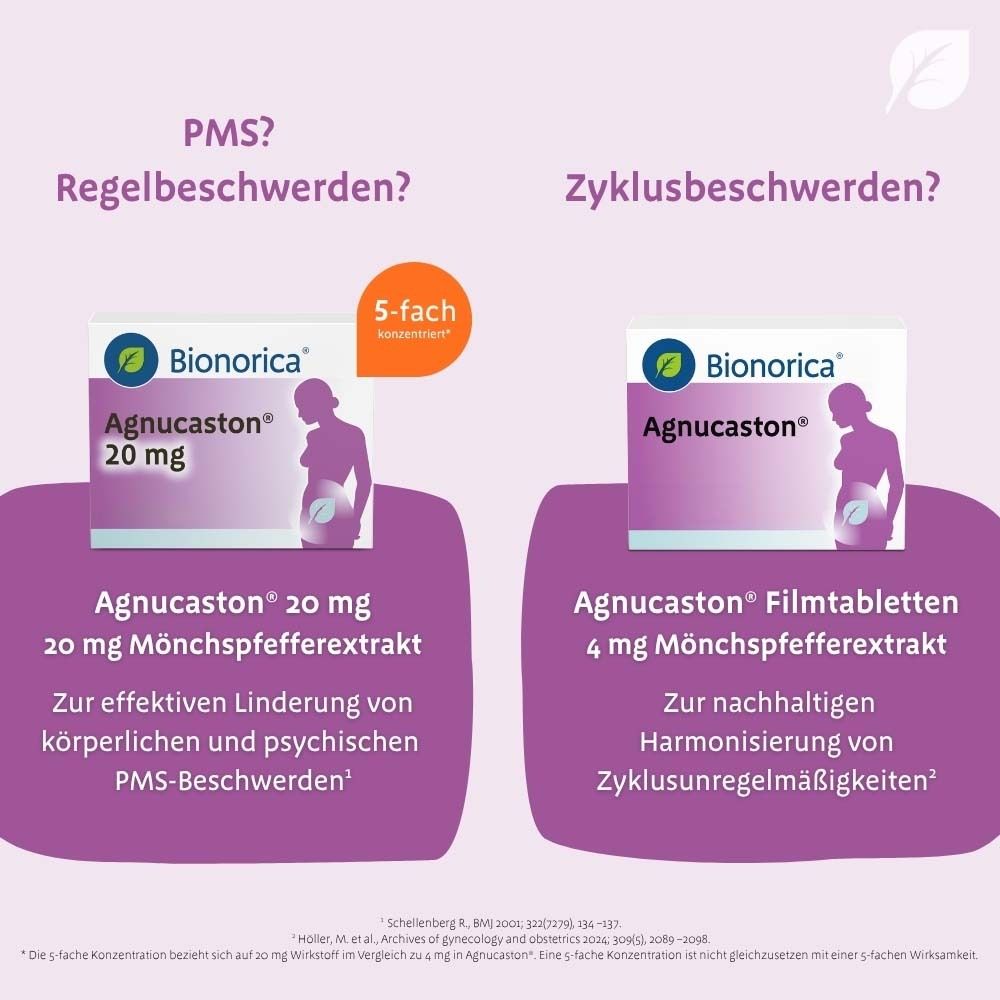 Zwei Packungen Agnucaston. Text: PMS? Regelbeschwerden? und Zyklusbeschwerden? 20 mg und 4 mg.