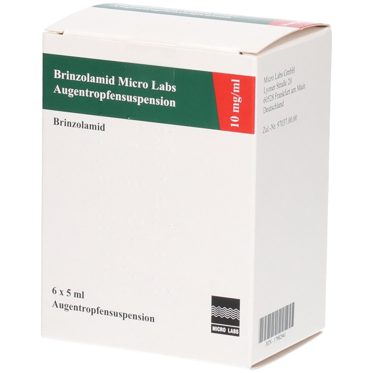 Weiße Faltschachtel mit grüner und roter Beschriftung. Text: Brinzolamid Micro Labs Augentropfensuspension, 10 mg/ml, 6 x 5 ml.