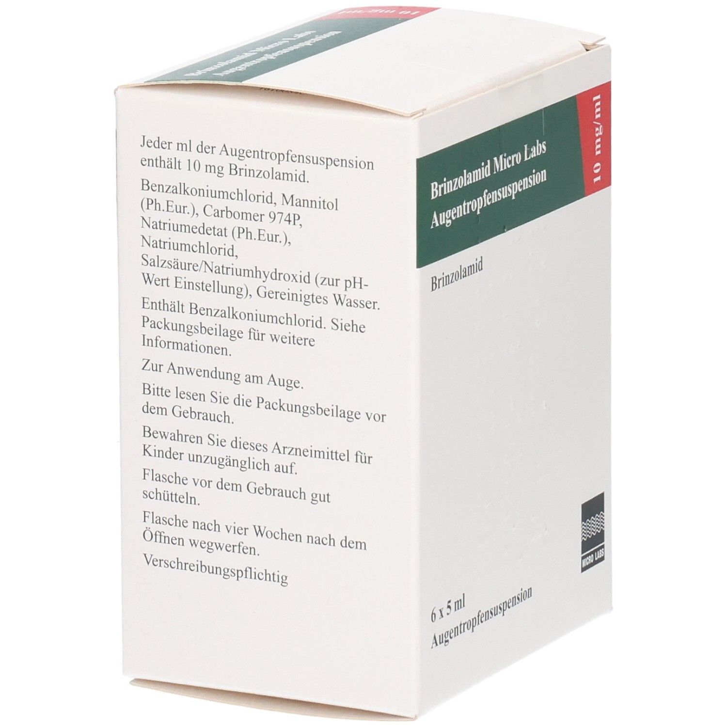 Weiße Faltschachtel mit Text. Text: Brinzolamid Micro Labs Augentropfensuspension, 10 mg/ml, 6 x 5 ml. Enthält Inhaltsstoffe und Anwendungshinweise.