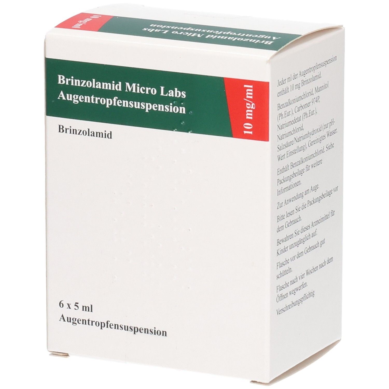 Weiße Faltschachtel mit grüner und roter Beschriftung. Text: Brinzolamid Micro Labs Augentropfensuspension, 10 mg/ml, 6 x 5 ml.