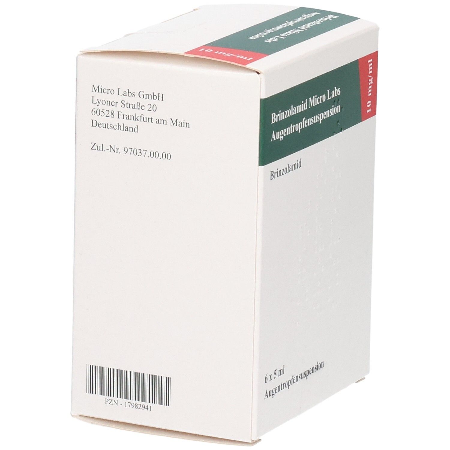 Weiße Faltschachtel mit grüner und roter Beschriftung. Text: Brinzolamid Micro Labs Augentropfensuspension, 10 mg/ml, 6 x 5 ml. Barcode.