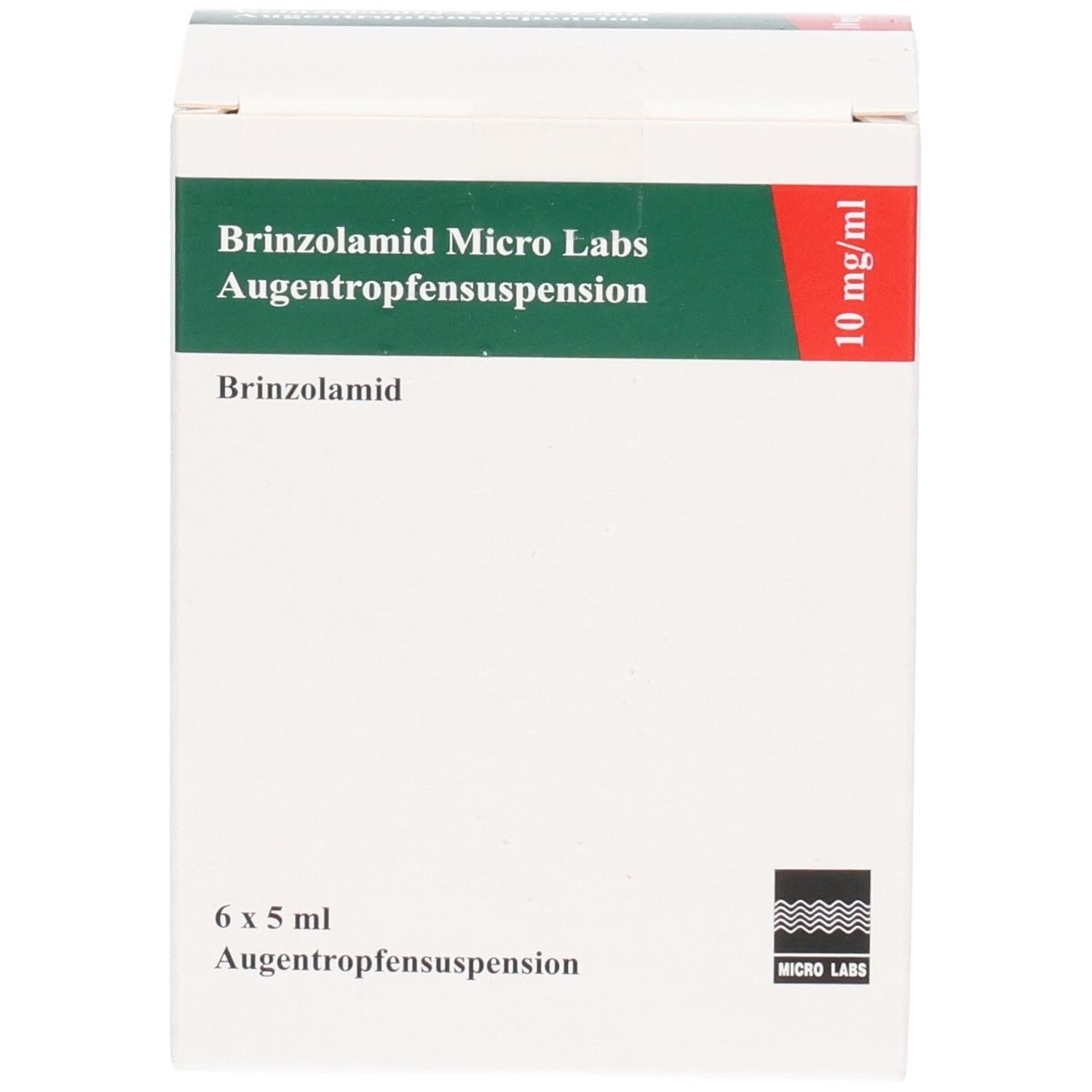 Weiße Faltschachtel mit grüner und roter Beschriftung. Text: Brinzolamid Micro Labs Augentropfensuspension, 10 mg/ml, 6 x 5 ml.