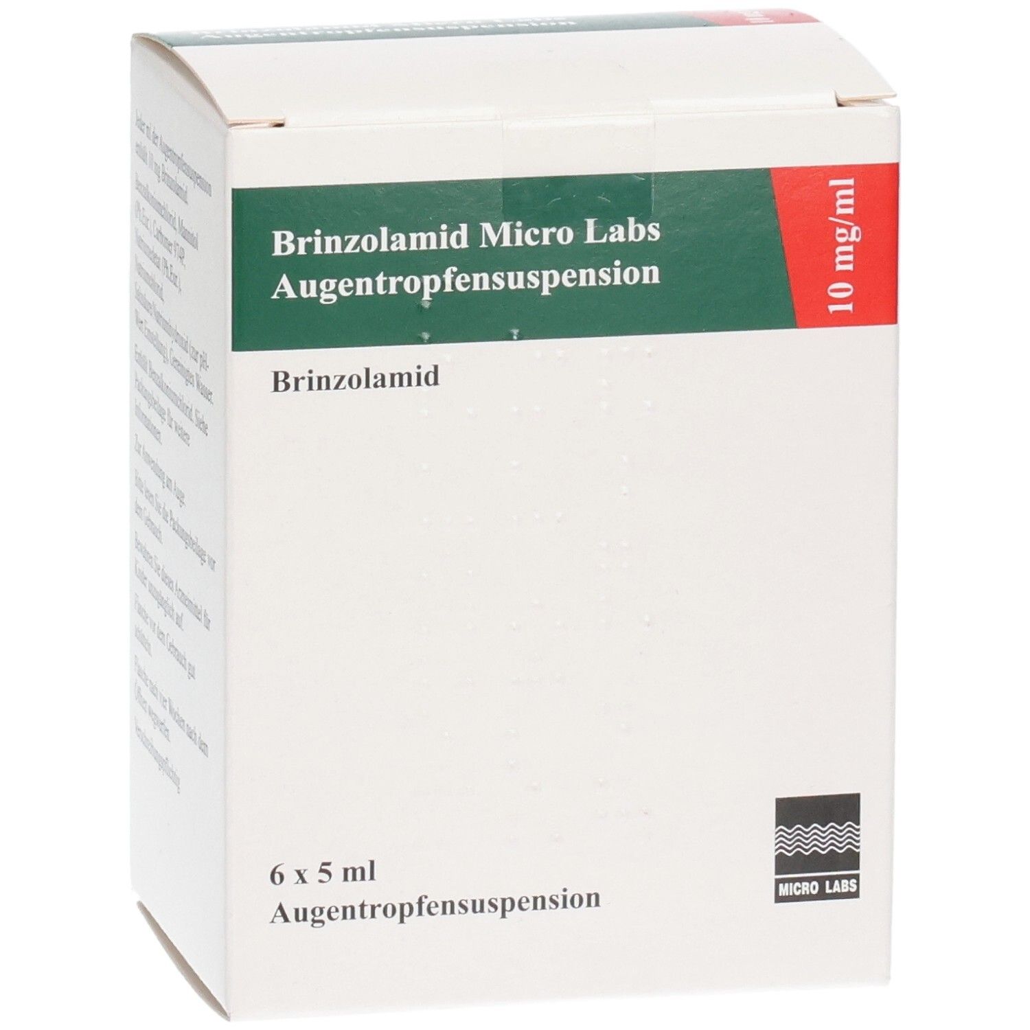 Weiße Faltschachtel mit grüner und roter Beschriftung. Text: Brinzolamid Micro Labs Augentropfensuspension, 10 mg/ml, 6 x 5 ml.