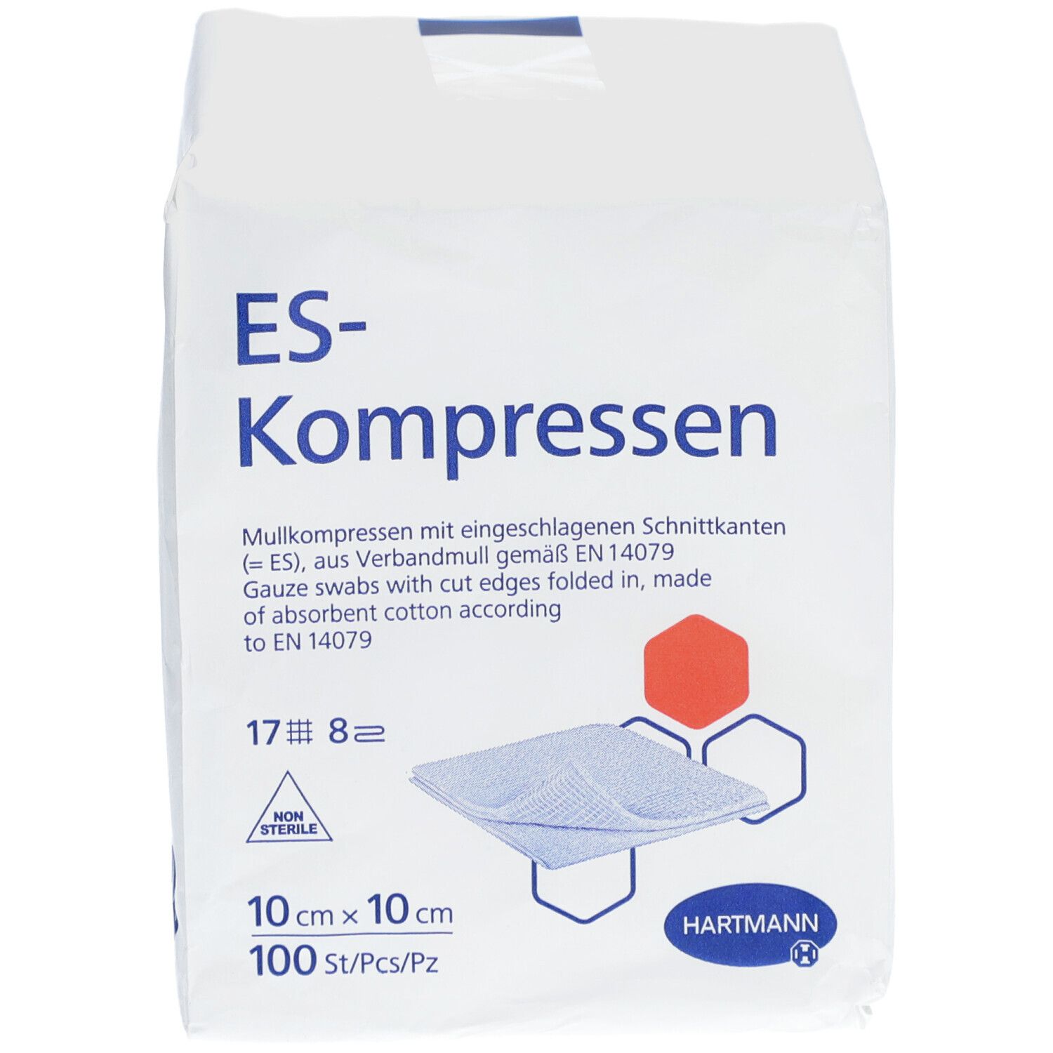 Verpackung mit ES-Kompressen. 10x10 cm, 100 Stück. Marke Hartmann. Text in Deutsch und Englisch.