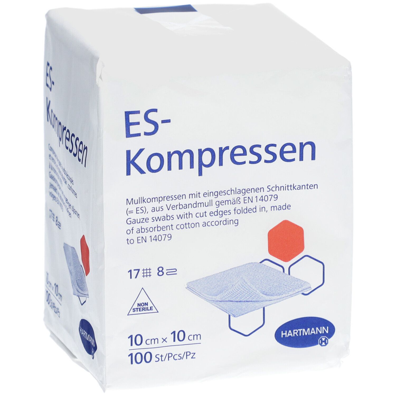 Verpackung mit ES-Kompressen. 10x10 cm, 100 Stück. Marke Hartmann. Text in Deutsch und Englisch.