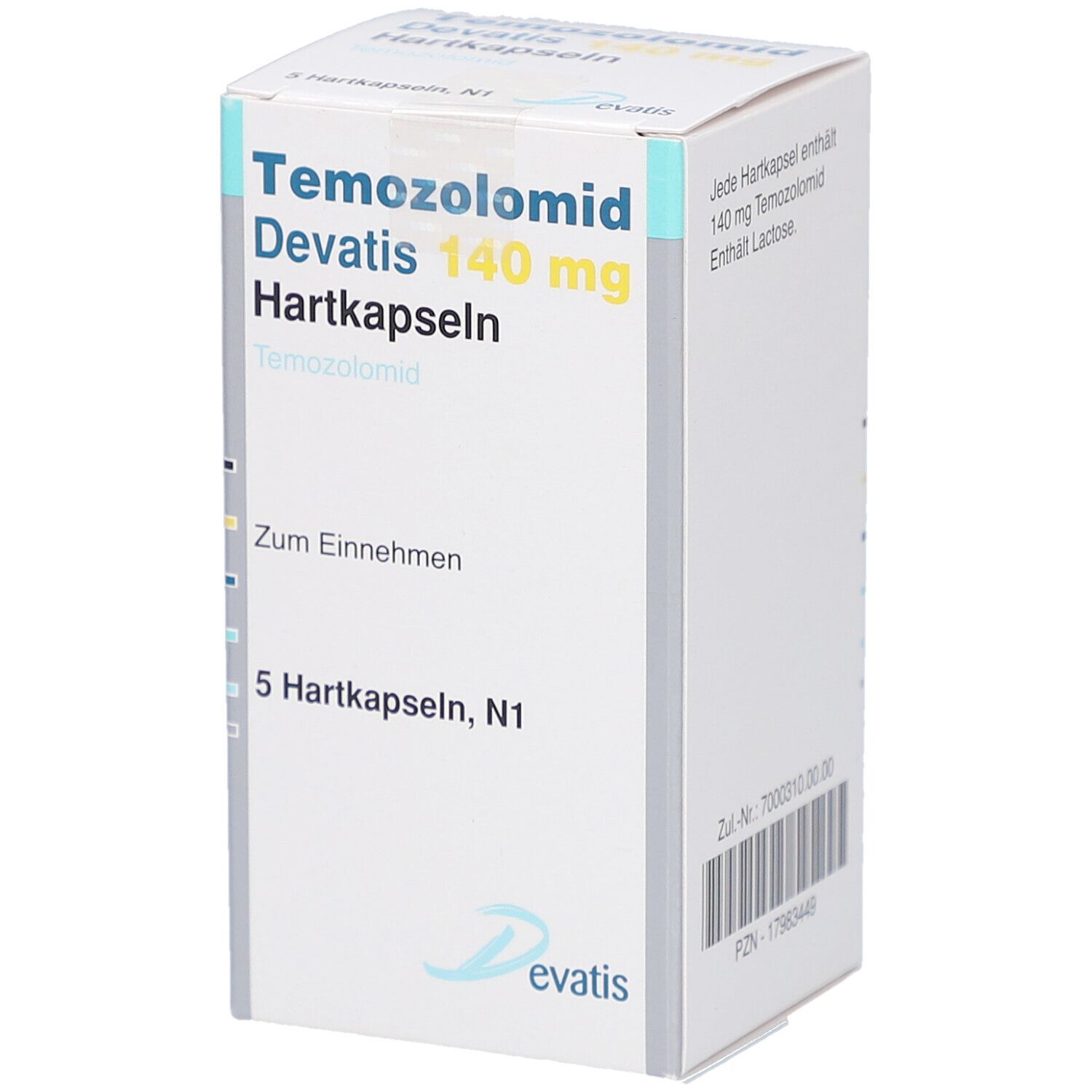 Schachtel mit Temozolomid Devatis 140 mg Hartkapseln. Aufschrift: 5 Hartkapseln, N1. Logo von Devatis. Weiße und blaue Verpackung.