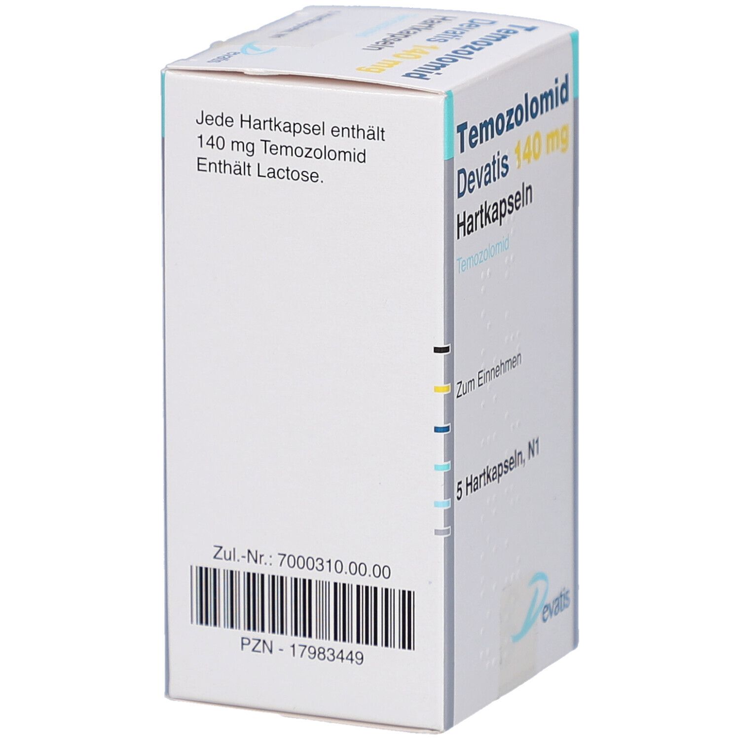 Schachtel mit Temozolomid Devatis 140 mg Hartkapseln. Text auf der Seite. Logo von Devatis. Weiße und blaue Verpackung.