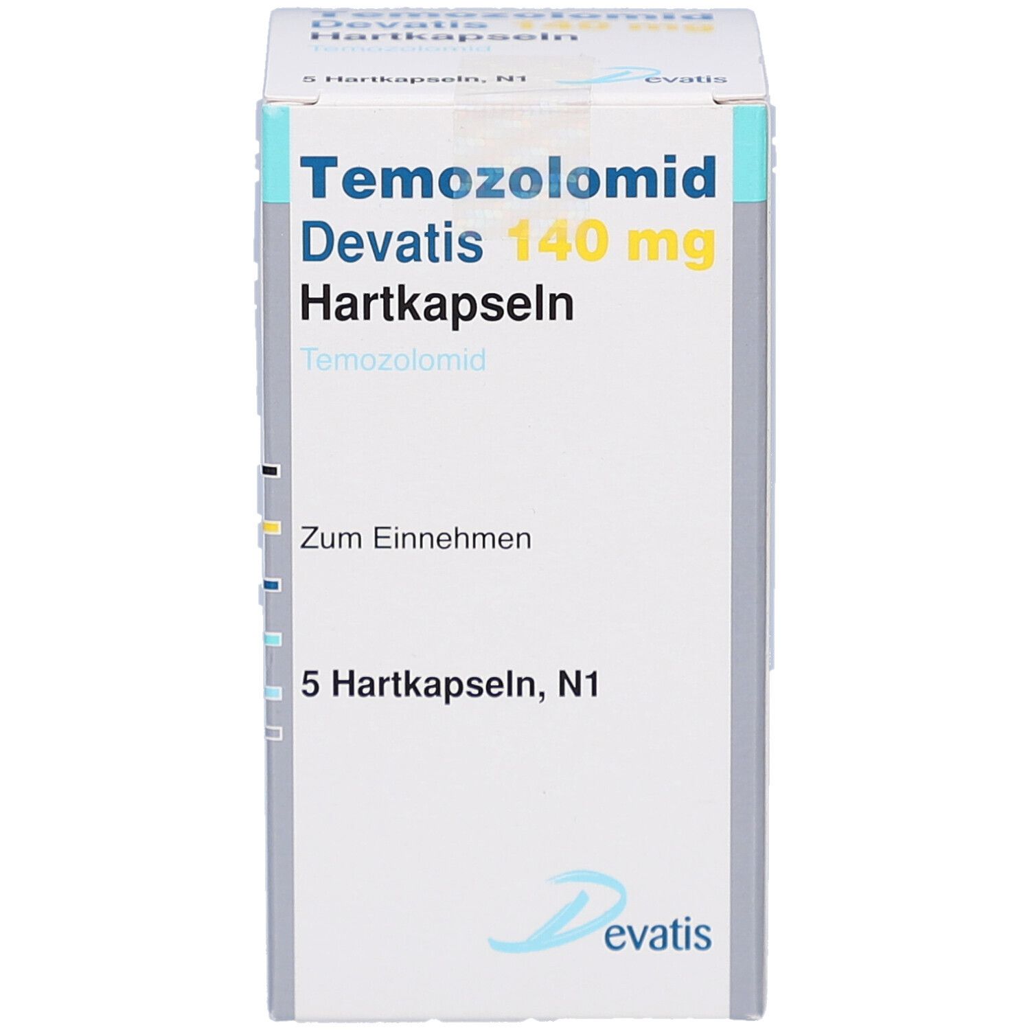 Schachtel mit Temozolomid Devatis 140 mg Hartkapseln. Aufschrift: 5 Hartkapseln, N1. Logo von Devatis. Weiße und blaue Verpackung.