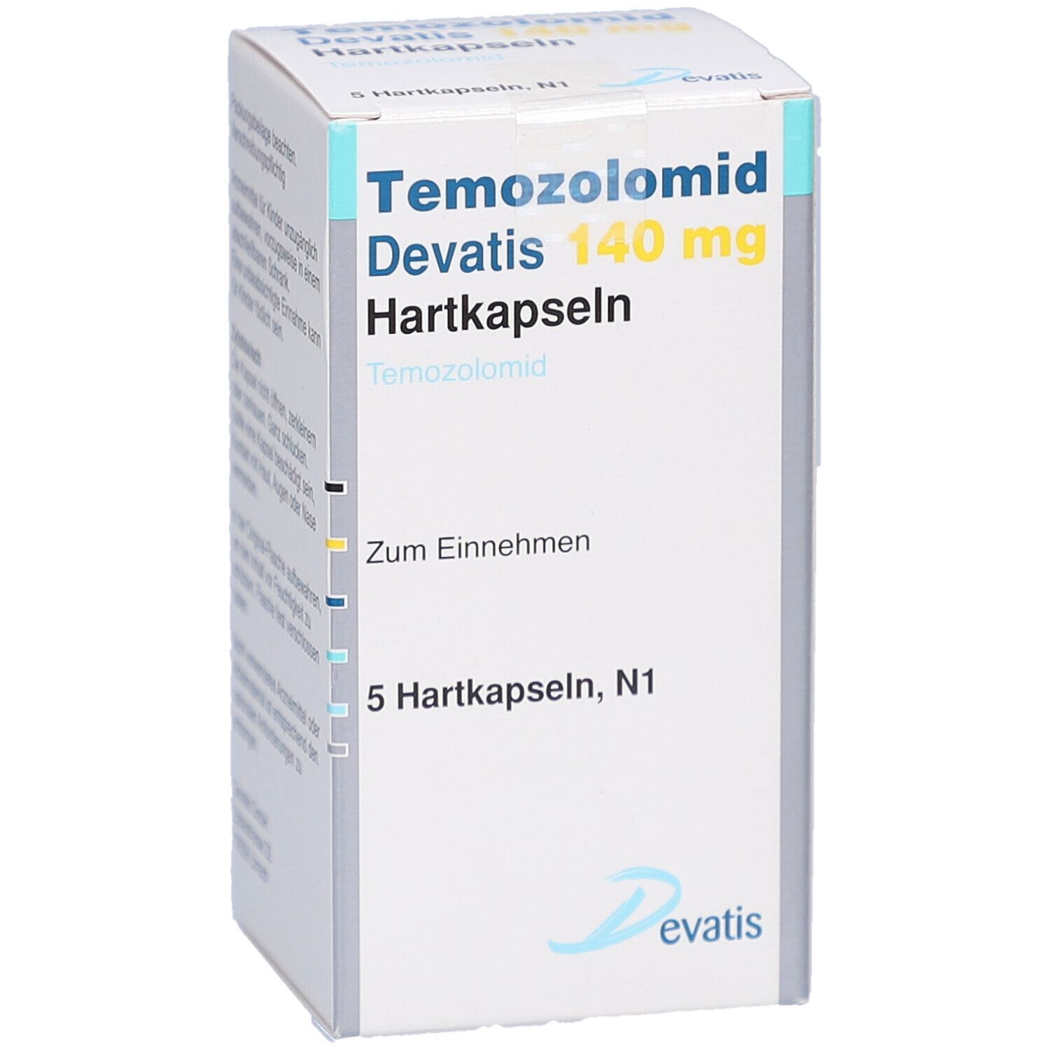 Schachtel mit Temozolomid Devatis 140 mg Hartkapseln. Aufschrift: 5 Hartkapseln, N1. Logo von Devatis. Weiße und blaue Verpackung.