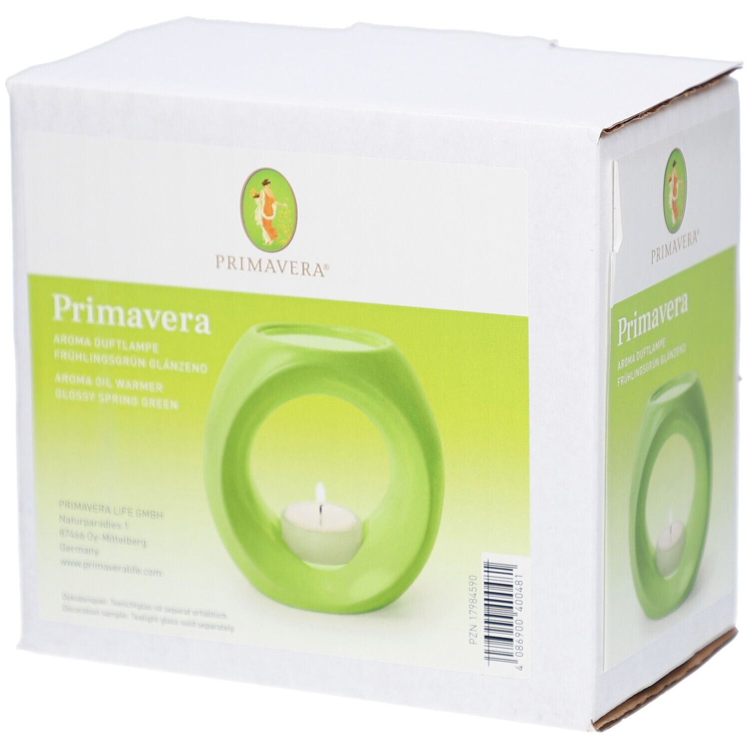 Verpackung der Primavera Aroma-Duftlampe Frühlingsgrün. Grünliche, runde Duftlampe mit Teelicht in weißem Karton.
