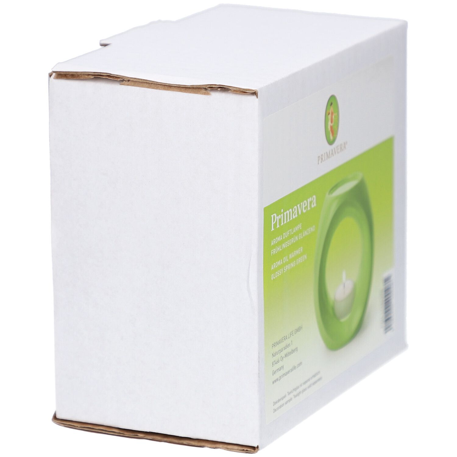 Verpackung der Primavera Aroma-Duftlampe Frühlingsgrün. Grünliche, runde Duftlampe mit Teelicht in weißem Karton.