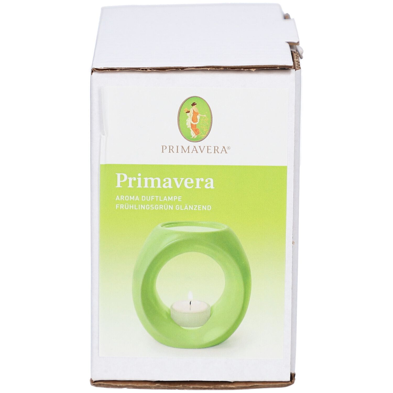 Verpackung der Primavera Aroma-Duftlampe Frühlingsgrün. Grünliche, runde Duftlampe mit Teelicht in weißem Karton.