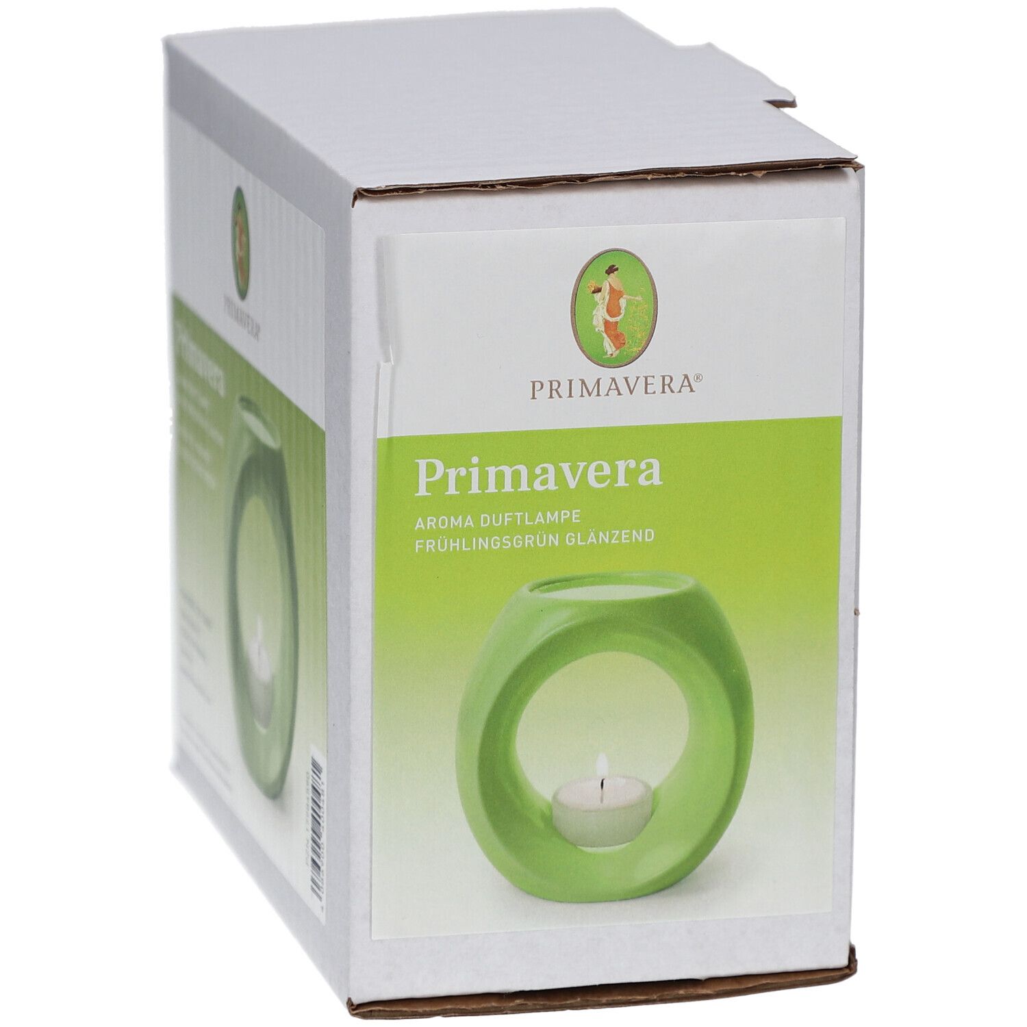 Verpackung der Primavera Aroma-Duftlampe Frühlingsgrün. Grünliche, runde Duftlampe mit Teelicht in weißem Karton.
