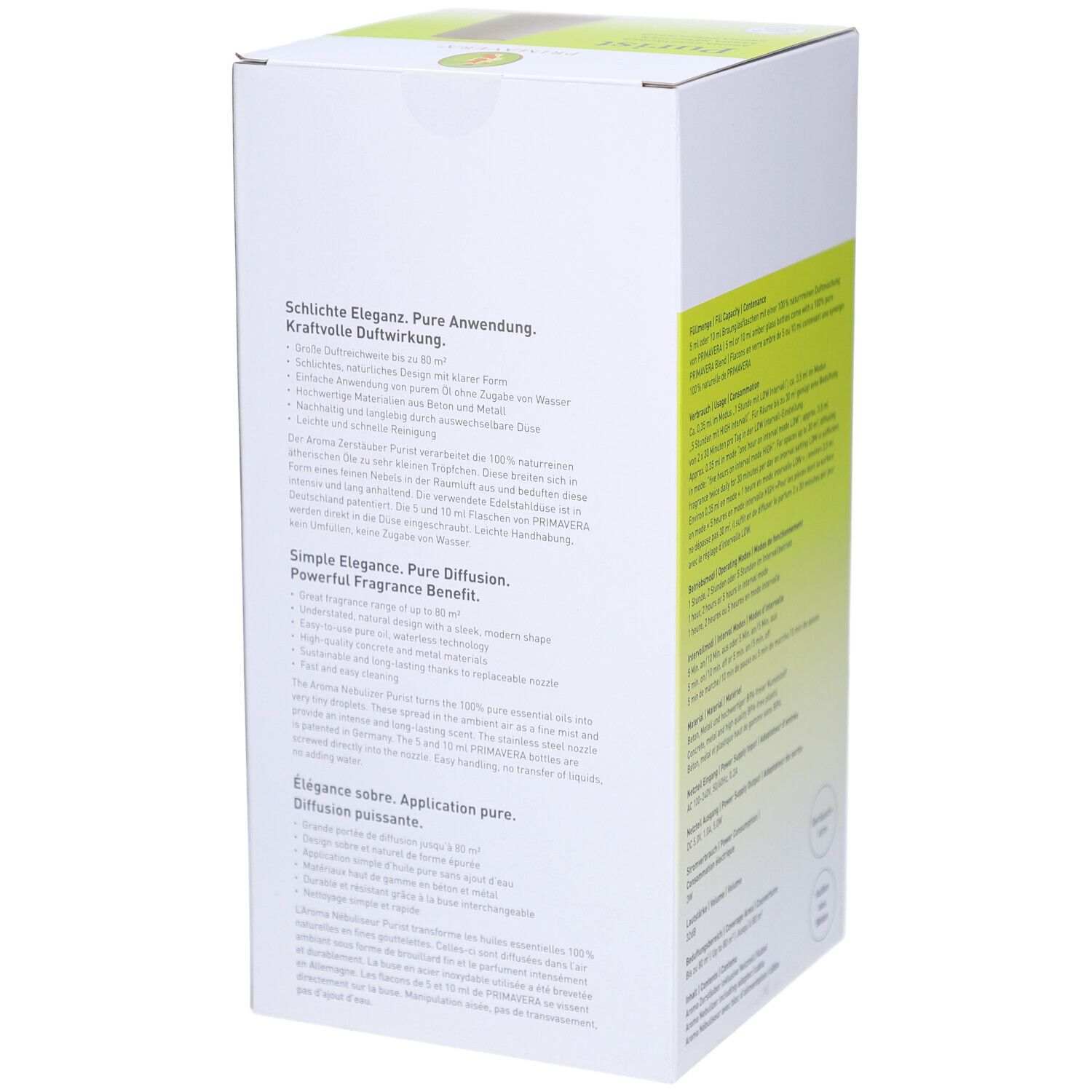 Seite der Verpackung des PRIMAVERA® Aroma Zerstäubers Purist. Text in mehreren Sprachen mit Produktbeschreibung und Vorteilen.