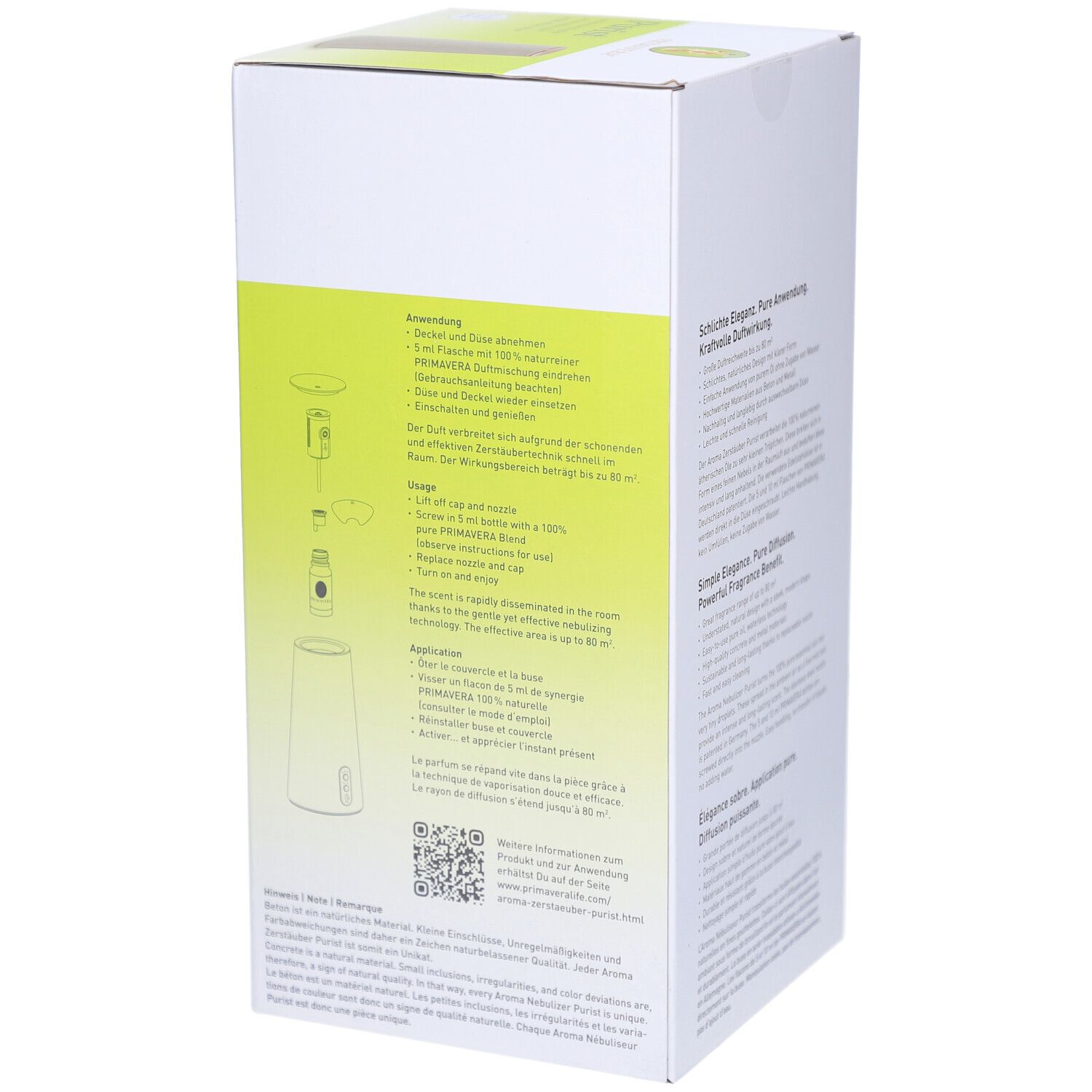 Seite der Verpackung des PRIMAVERA® Aroma Zerstäubers Purist. Illustrationen zur Anwendung und Informationen zum Produkt.
