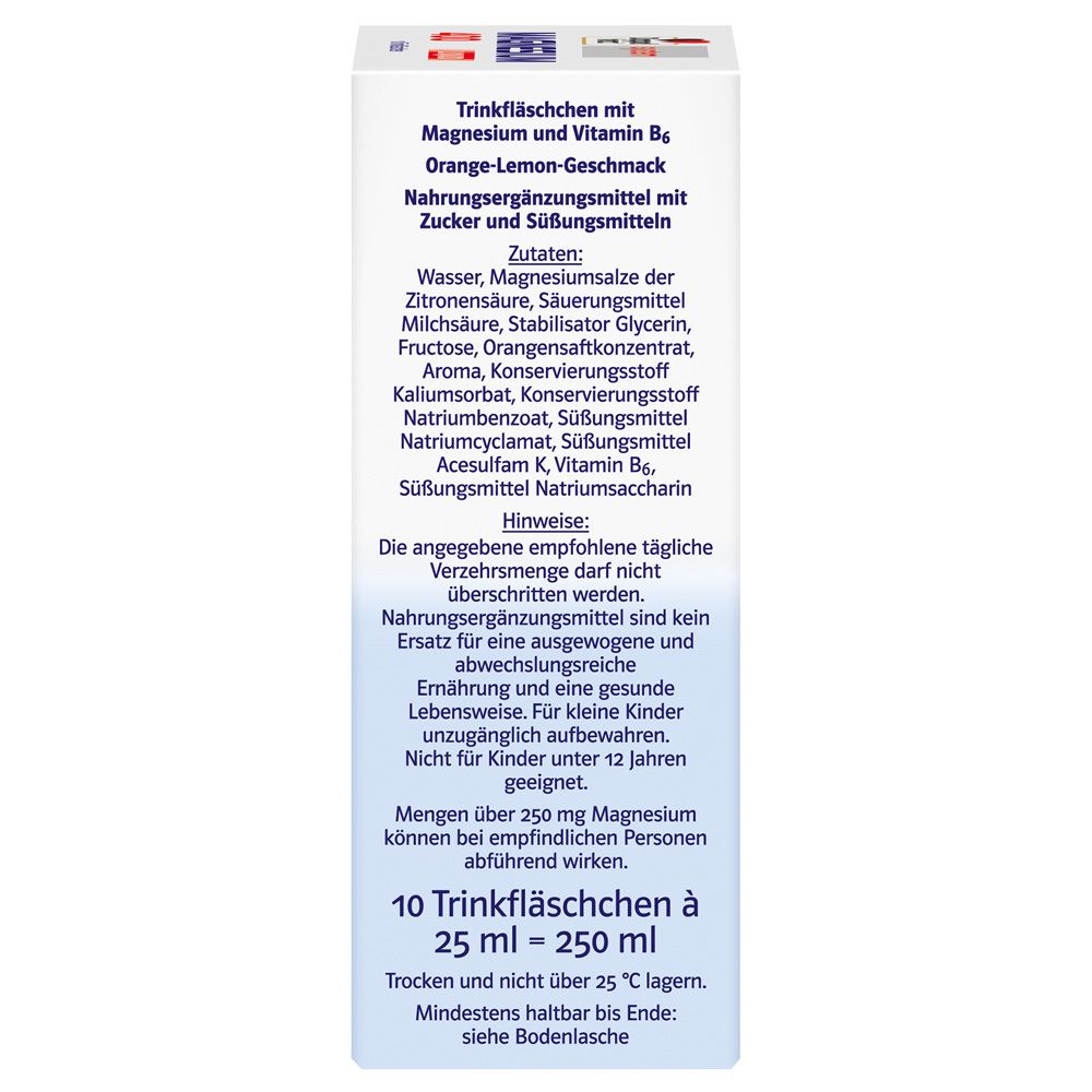 Seite der Verpackung von Doppelherz system Magnesium 400 Liquid. Enthält Zutatenliste und Warnhinweise.