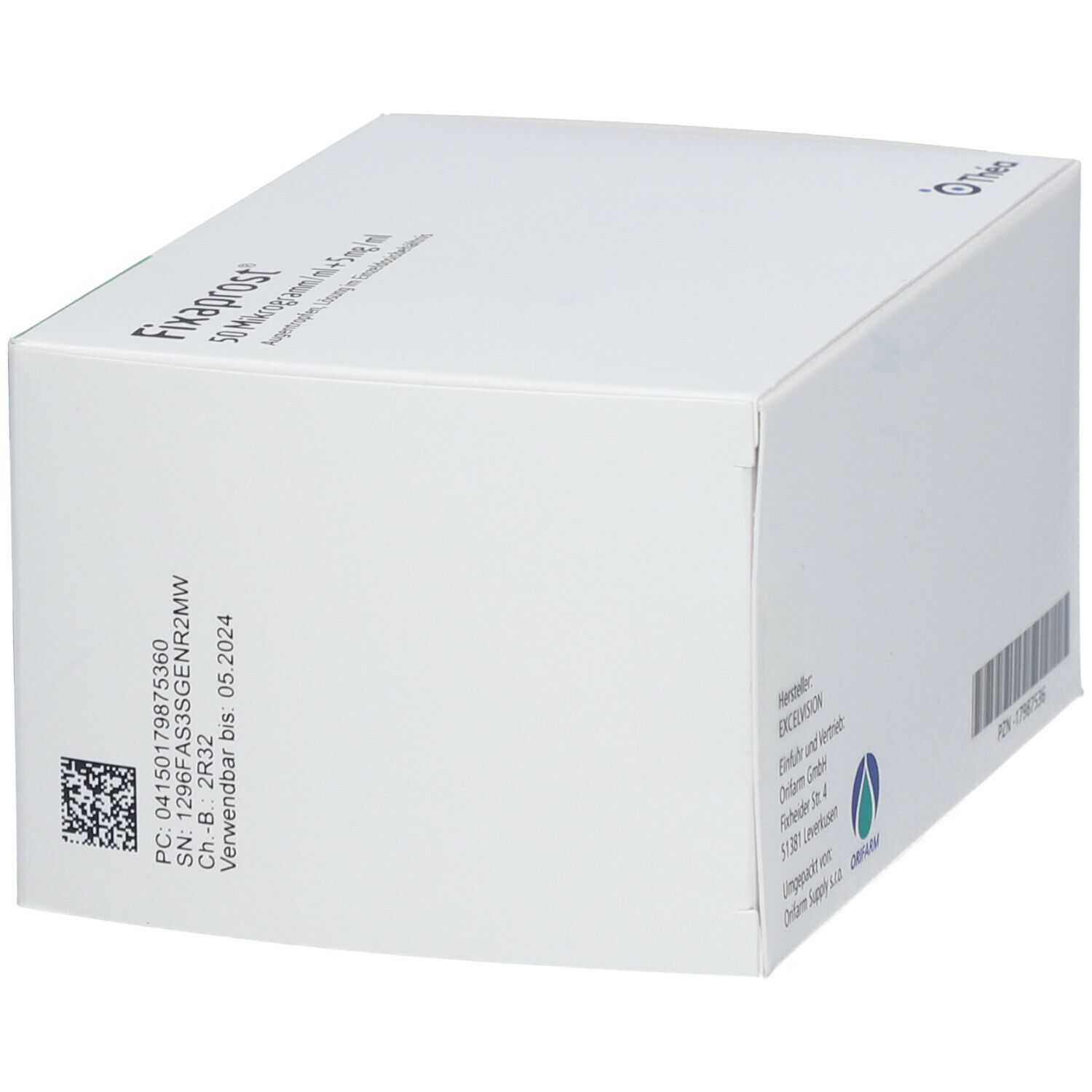 Schachtel FIXAPROST Augentropfen. Aufschrift: 50 Mikrogramm/ml + 5 mg/ml. Einzel-Dosis-Behälter. QR-Code und Verfallsdatum.